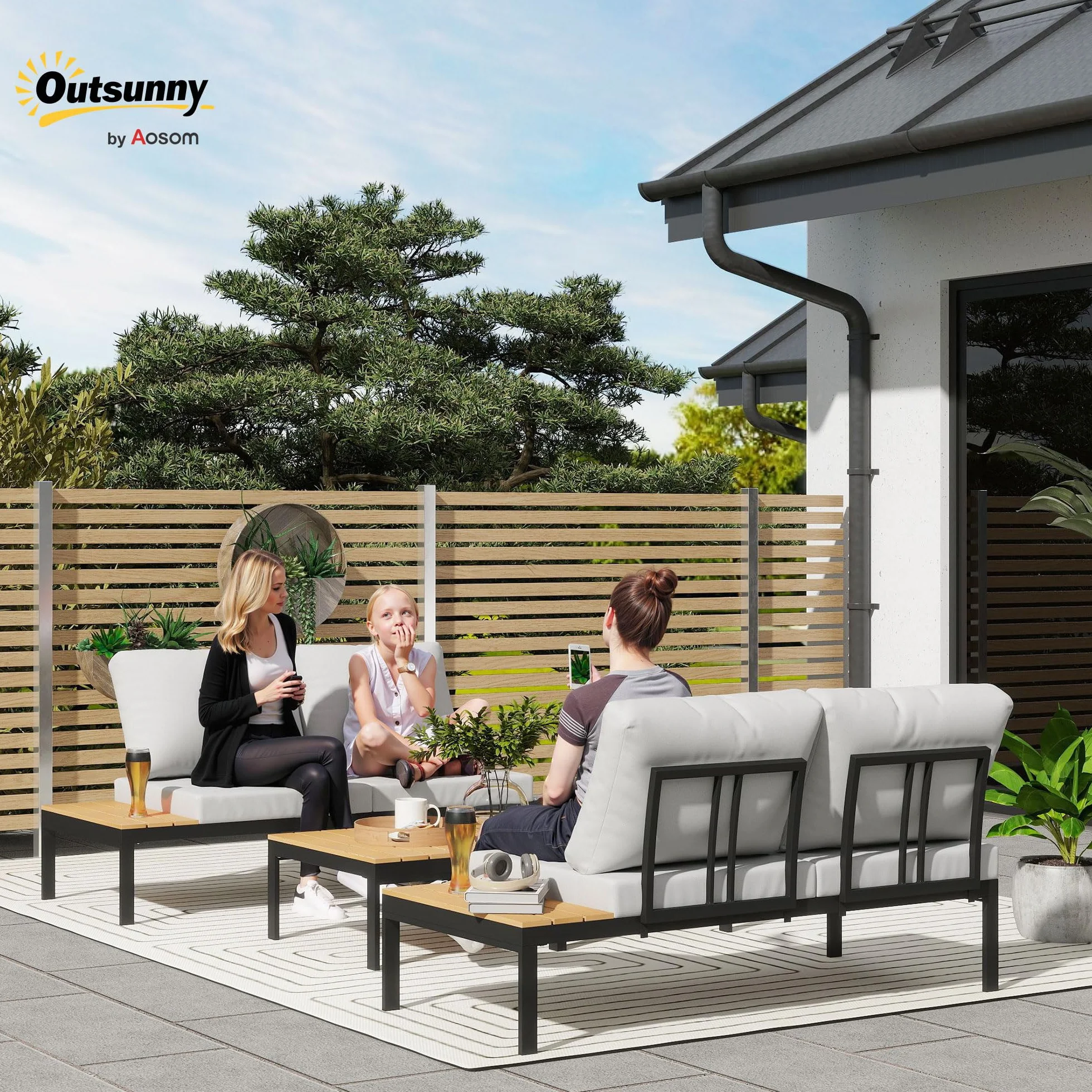 Outsunny Set Salotto da Giardino 4 Pezzi, 2 Divanetto 2 Posti, 2 Tavolini Caffè Quadrati, Legno e Cuscini Sfoderabili, Metallo e Legno Composito, Teak