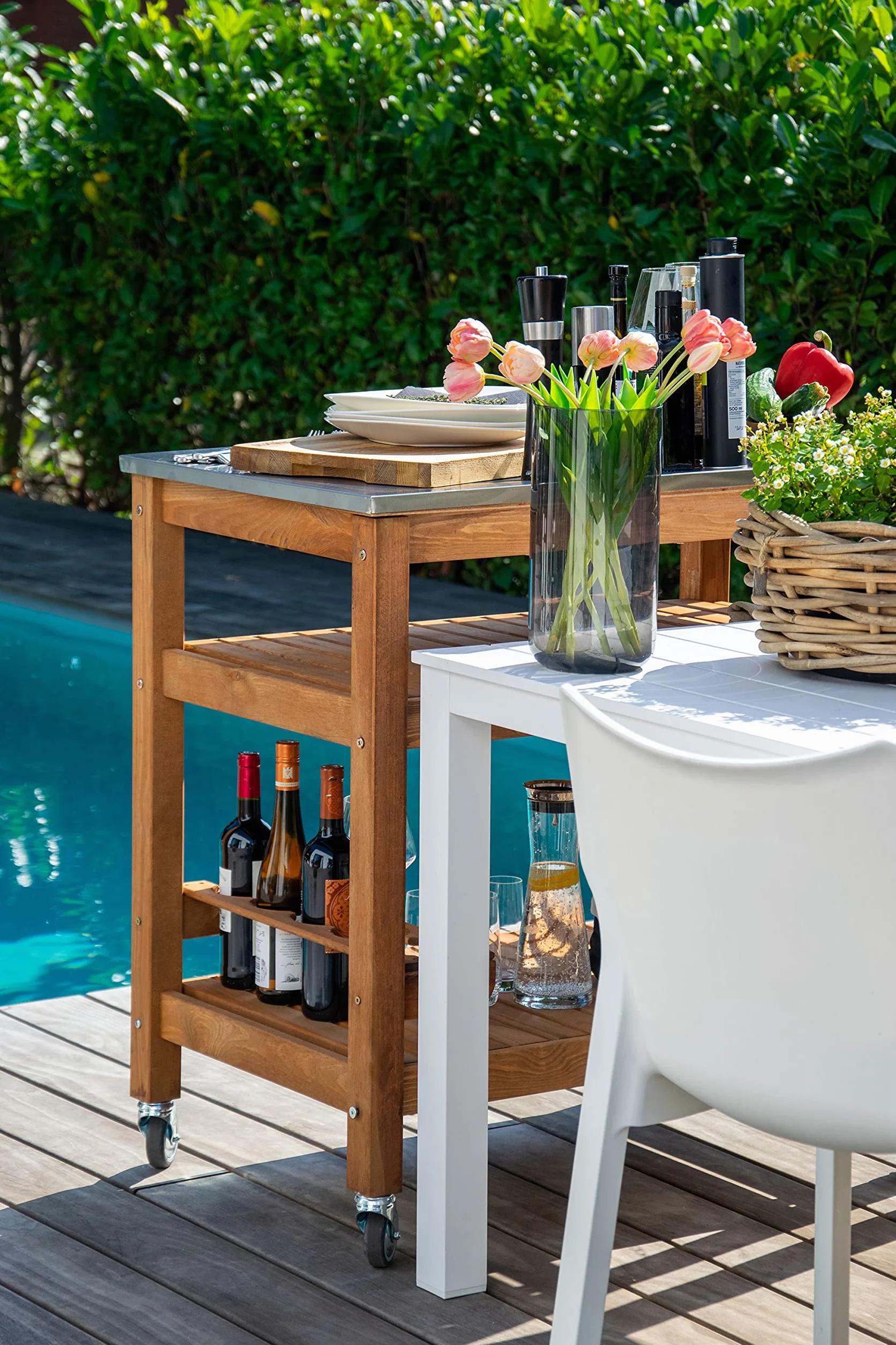 dobar® 35540FSCe Tavolo multifunzione con carrello arrotolabile legno massiccio piastra acciaio inox 94x58x90 cm Marrone