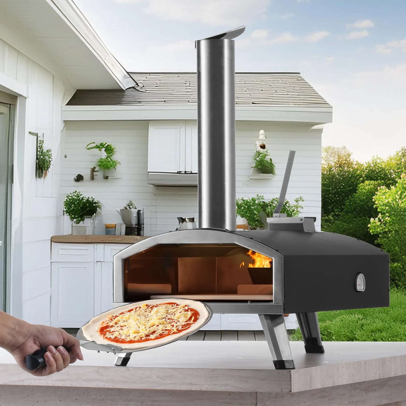 VEVOR Forno Portatile per Esterni 304 mm, Tri-Fuel Pellet Trucioli Carbone, Griglia Pizza con Pietra e Copertura, Nero