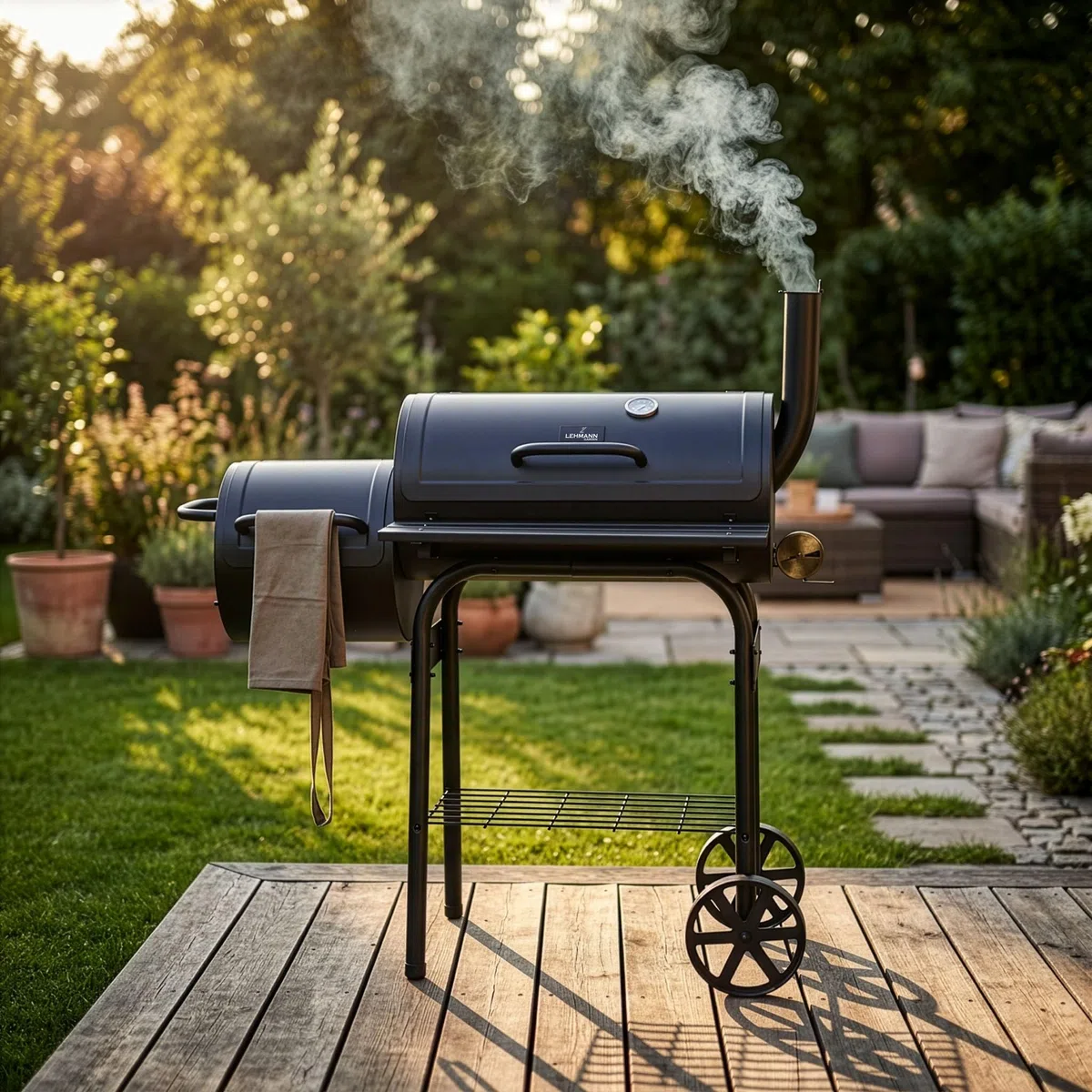 LEHMANN Barbecue a Carbonella e Affumicatore 2 in 1, BBQ Griglia di Cottura XXL, Coperchio con Termometro e Maniglia Antiscottatura, 2 Ruote, Tavolini Laterali Pieghevoli & Ripiano Inferiore, Nero