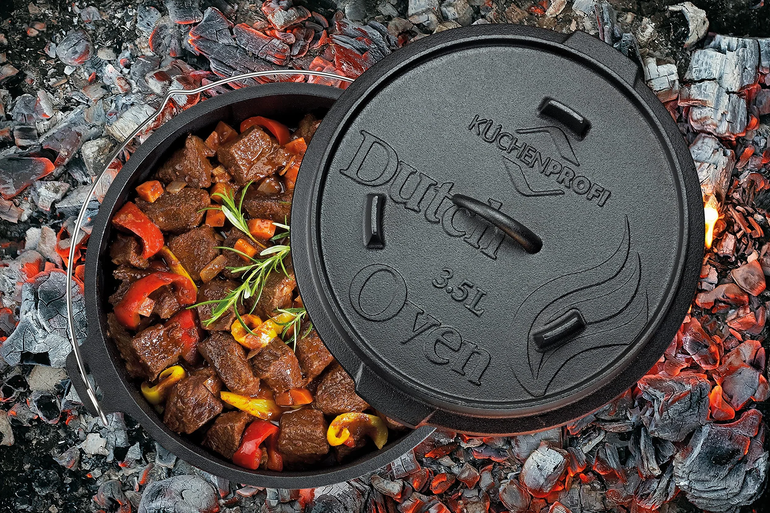 Küchenprofi BBQ - Forno olandese in ghisa, 3,5 l, Ø 24 cm, senza piedini, con coperchio sollevatore per griglia, braciere, tutti i tipi di piano cottura (induzione inclusa) e forno