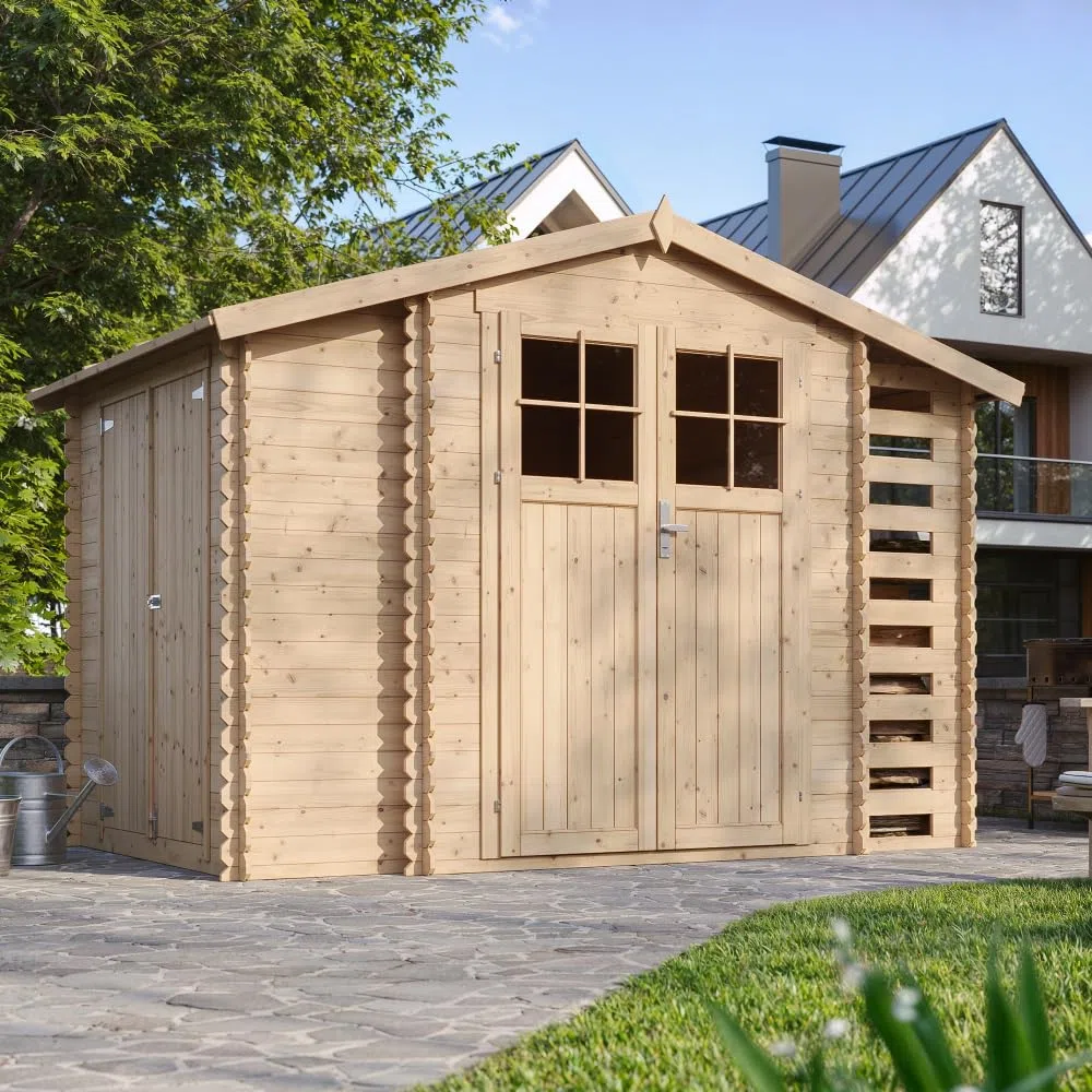 TIMBELA M389F+M389G Casetta da Giardino in Legno per Esterni con legnaia CON PAVIMENTO TRATTATO- L206xL328xA218 cm/ 3,53 + 0,97+0,97 m2 - Piccola Casetta in Legno, Rimessa Attrezzi, Deposito Bici