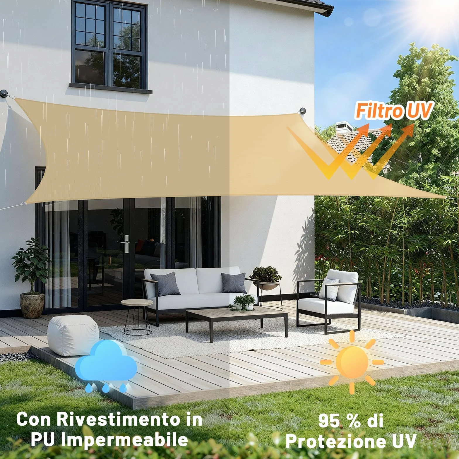 Tenda a Vela Impermeabile 3x4m Rettangolare Protezione UV 95% Giardino Terrazza Patio Sabbia