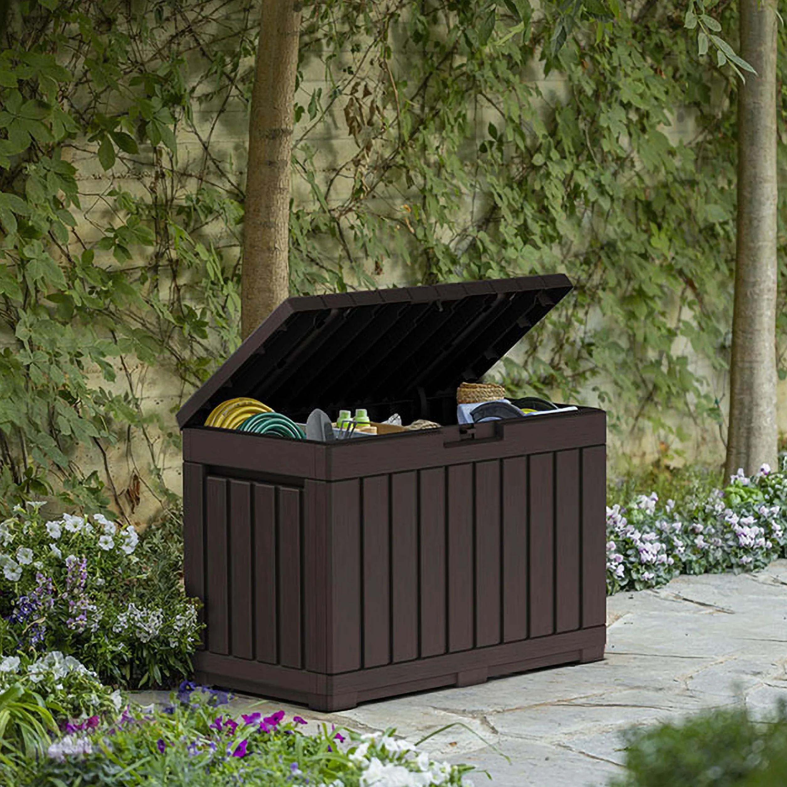 Keter KENTWOOD - Cassapanca da giardino, 190 l, resistente alle intemperie, effetto legno, con funzione di seduta, resistente ai raggi UV, richiudibile, per interni ed esterni