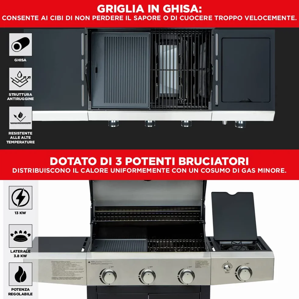 Arsard Barbecue a Gas Professionale XXL 4 Fuochi 13 KW Griglia In Ghisa Acciaio Inox