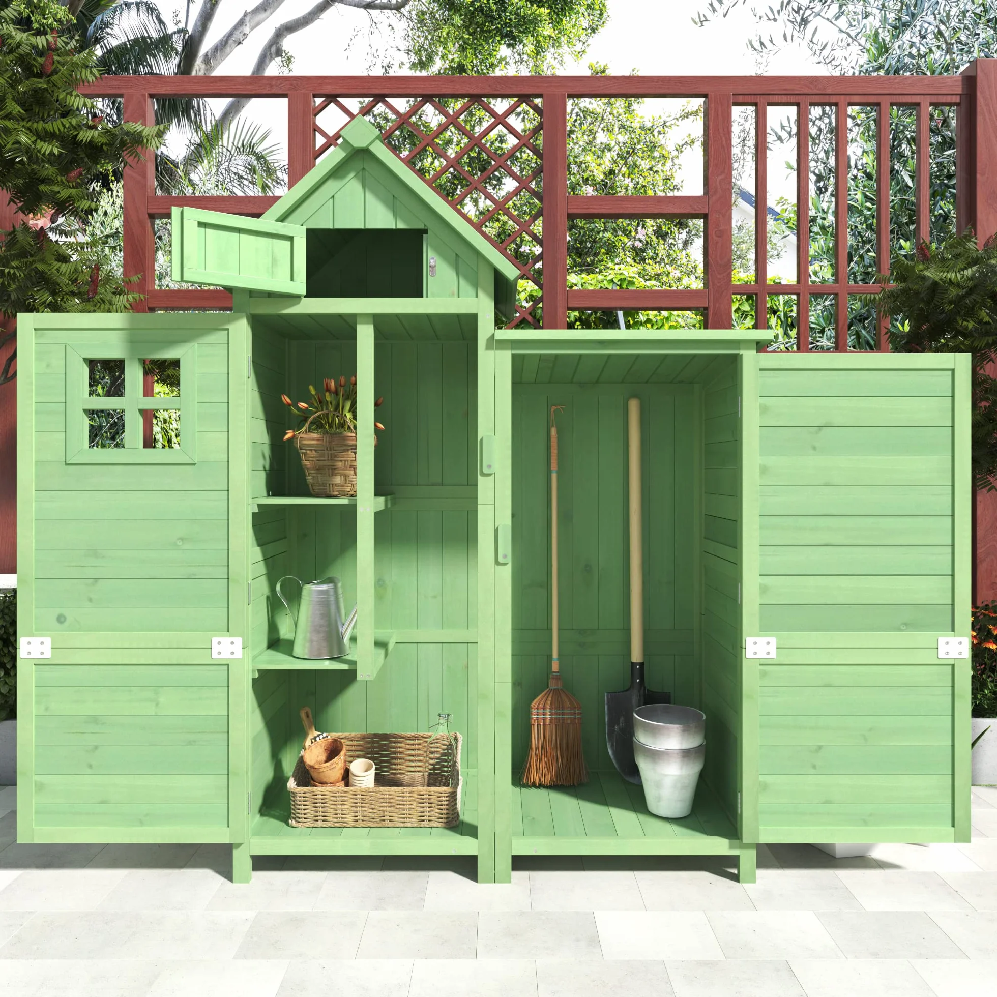 Casetta per attrezzi da giardino, resistente alle intemperie, in legno, per esterni, in PVC, 118 x 54 x 173 cm (larghezza x profondità x altezza), verde