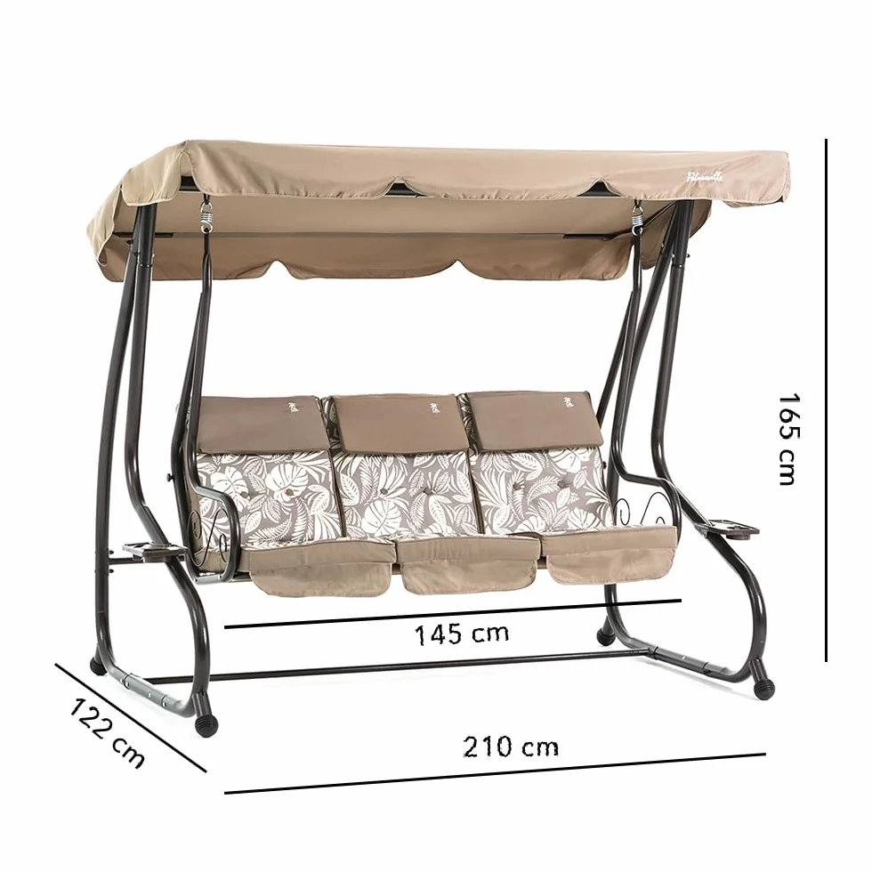 Dondolo reclinabile da giardino 3 Posti con funzione letto e tettuccio regolabile, cuscini imbottiti 7 cm con poggiatesta rimovibili e struttura in acciaio verniciato Mizar (Bronzo Tropicana)