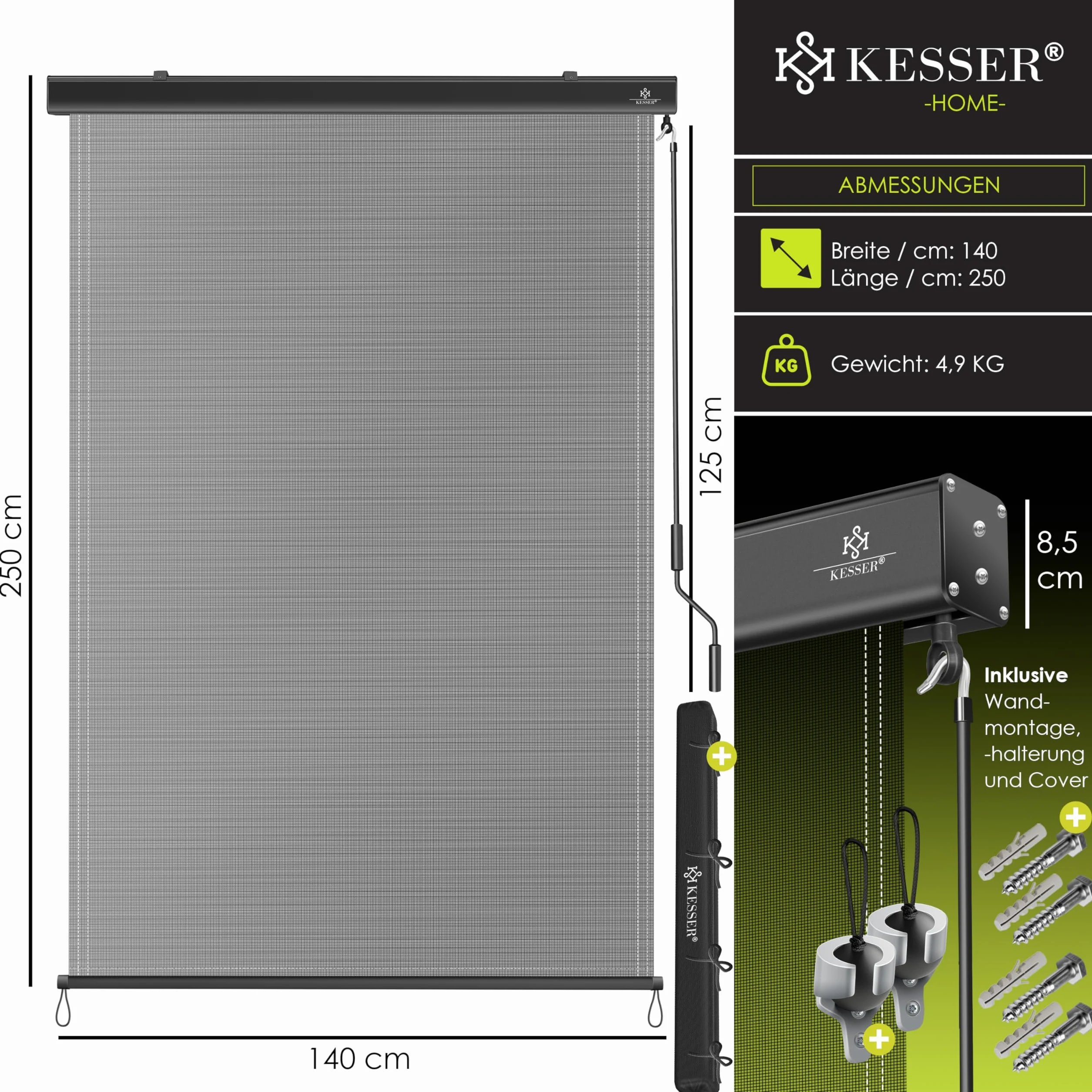 KESSER Tenda a rullo verticale 140 x 250 cm meccanismo a manovella protezione solare privacy balcone terrazza kit montaggio