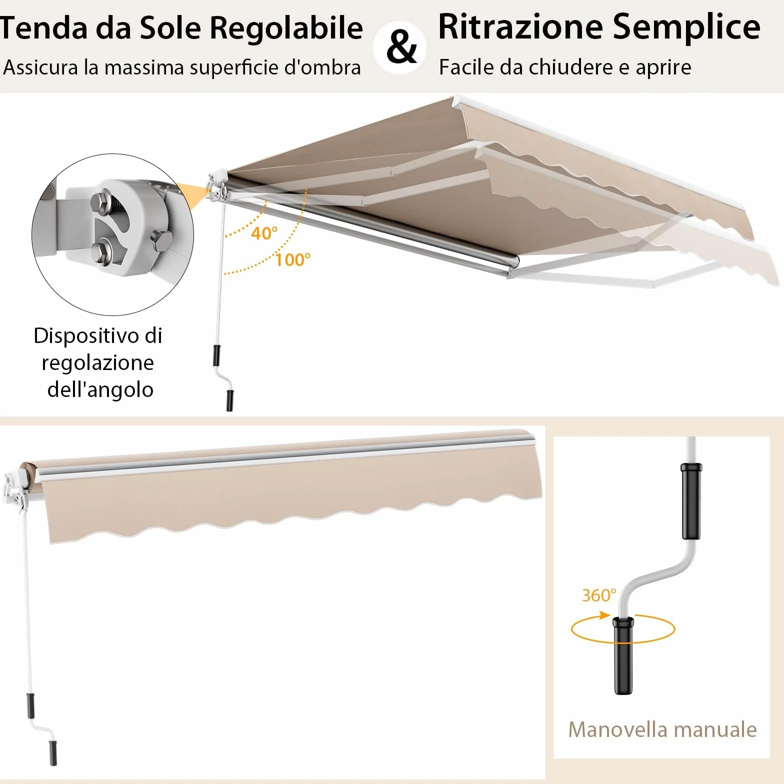 RELAX4LIFE Tenda da Sole 400x250cm Alluminio Angolazione Regolabile 5°-35° Impermeabile Balcone BEIGE