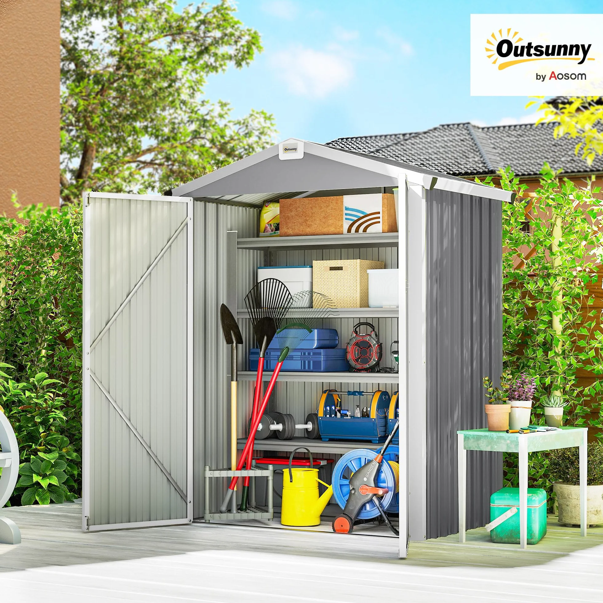 Outsunny Casetta da Giardino 1.1m² Acciaio Zincato Doppie Porte Larghe Bloccabili Tetto Inclinato 133x87x178 cm Grigio Argento