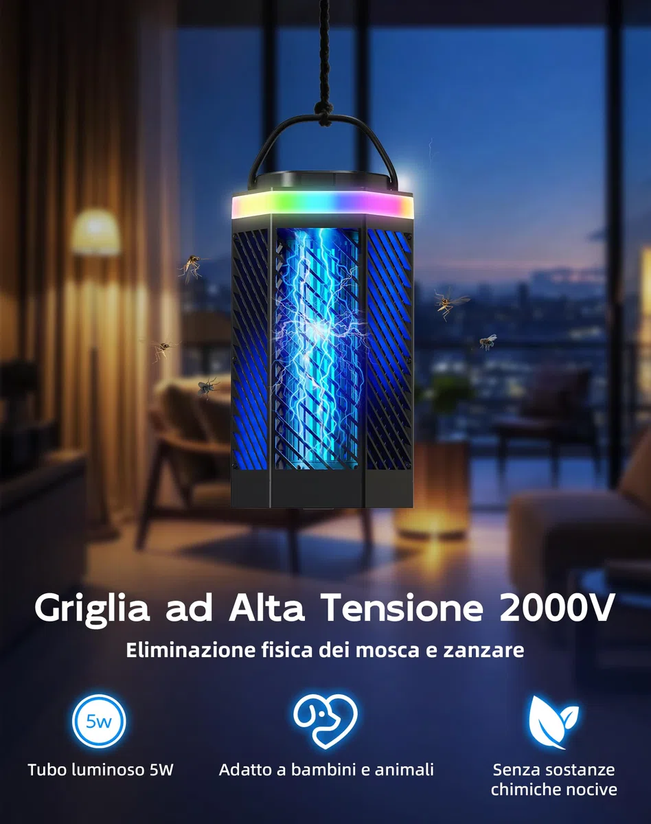 Lampada Antizanzare Elettrica Ricaricabile 8000mAh, Ammazza Zanzare 3 in 1 con Luce LED e RGB, 2000V Trappola per Insetti da Esterno e Interno, IPX4 Impermeabile per Casa, Camping