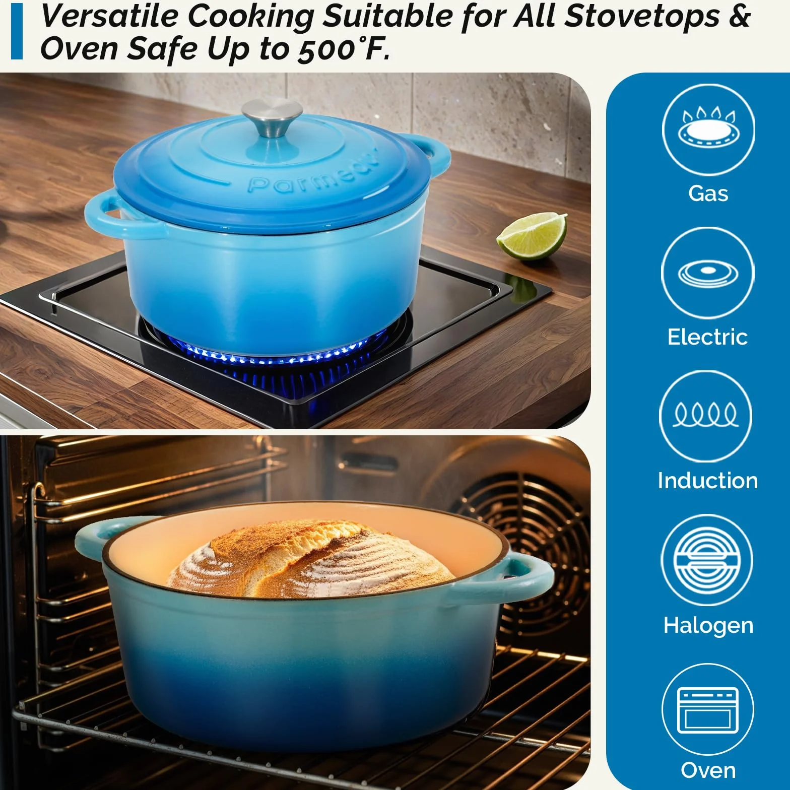 Parmedu Forno olandese in ghisa smaltata 5,5 litri con coperchio doppia maniglia blu oceano