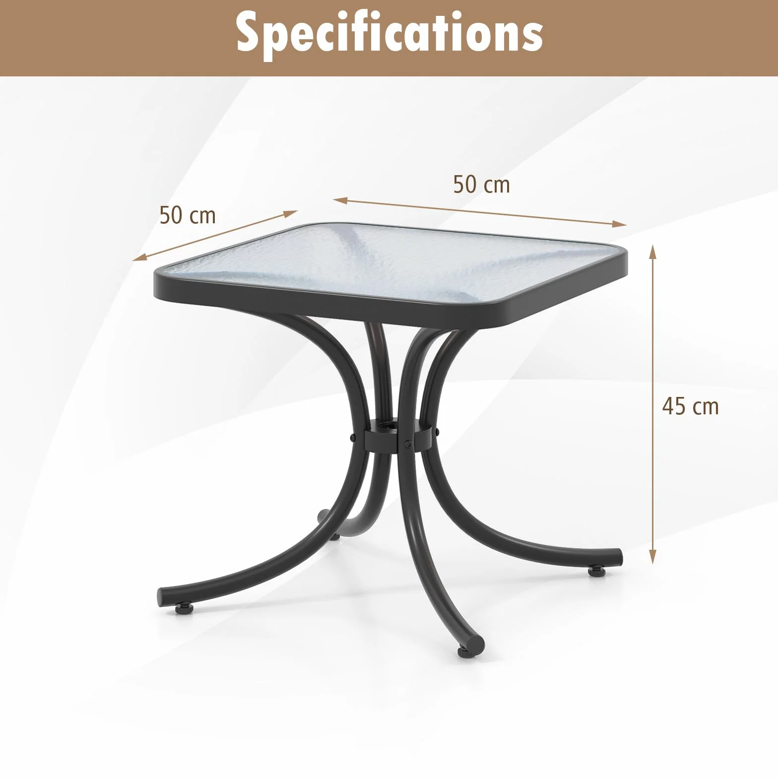 GIANTEX Tavolino da Giardino 50 cm, Tavolino Quadrato con Piano in Vetro Temperato, Struttura Metallica Resistente, Tavolino da Caffè da Esterno per Giardino, Balcone, Piscina, Nero