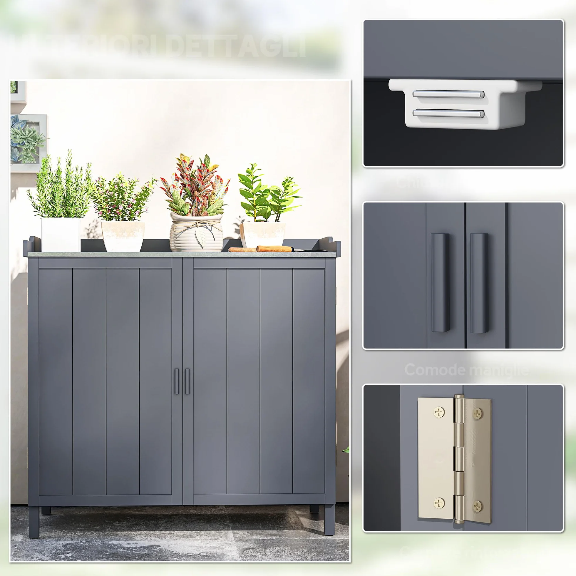 Outsunny Armadietto da Esterno in Legno di Abete con Piano da Lavoro in Metallo Zincato e 2 Ripiani Porta Attrezzi, 98x48x95.5 cm, Grigio