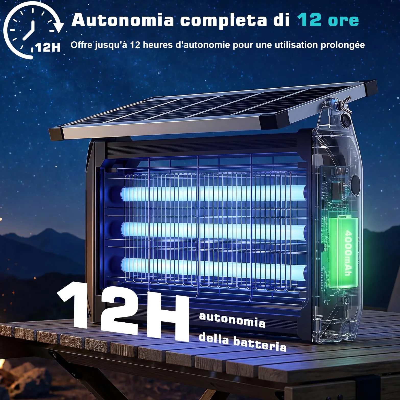 Lampada Antizanzare Elettrica Solare,Zanzariera Elettrica da Esterno 4000V, Ricarica Solare e USB,UV 10W, IPX5 Anti Mosche Elettrico Impermeabile, Ideale per Patio, Giardino e Campeggio