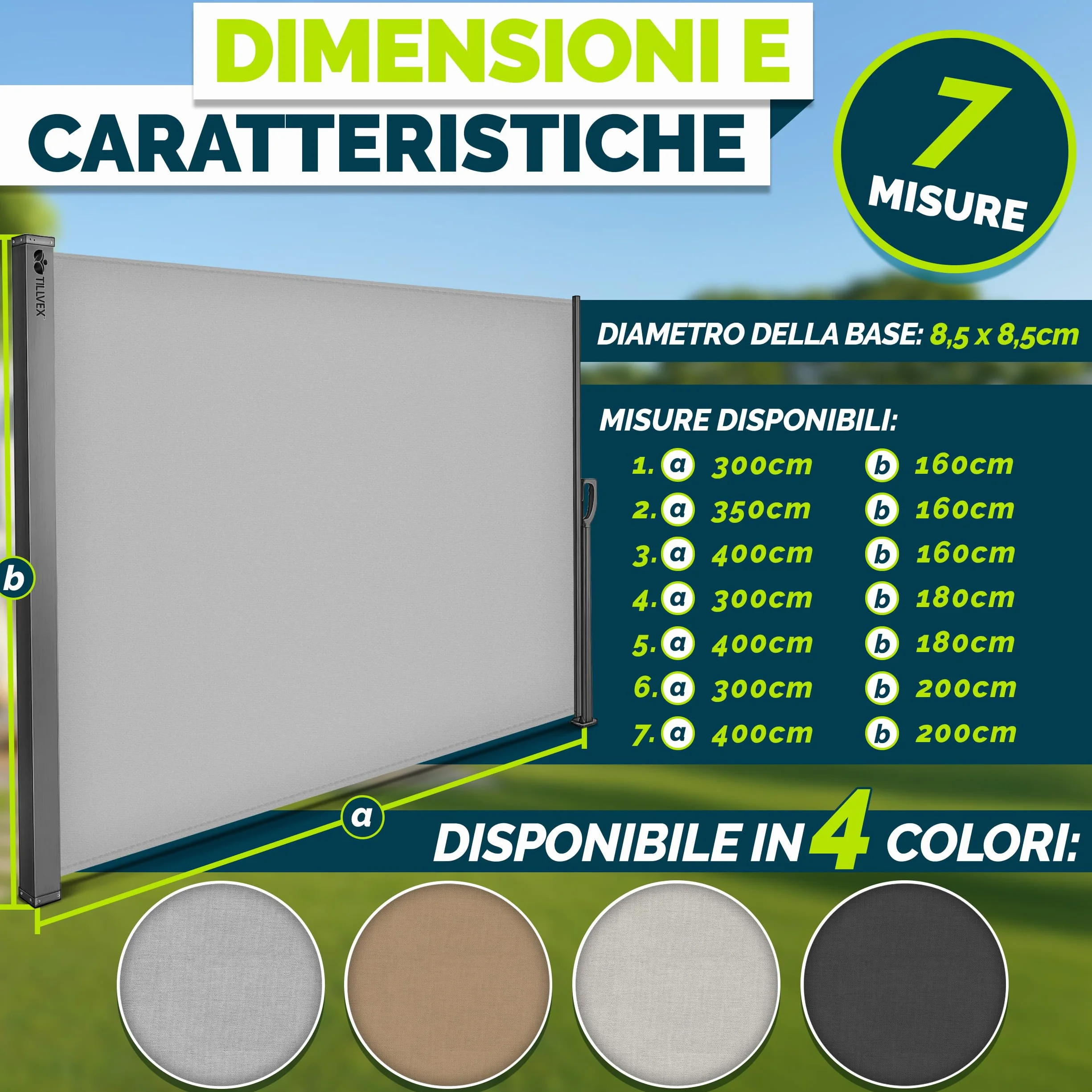 Tillvex Tenda Laterale Estensibile Oscurante 200x400 cm Acciaio Inox Antivento