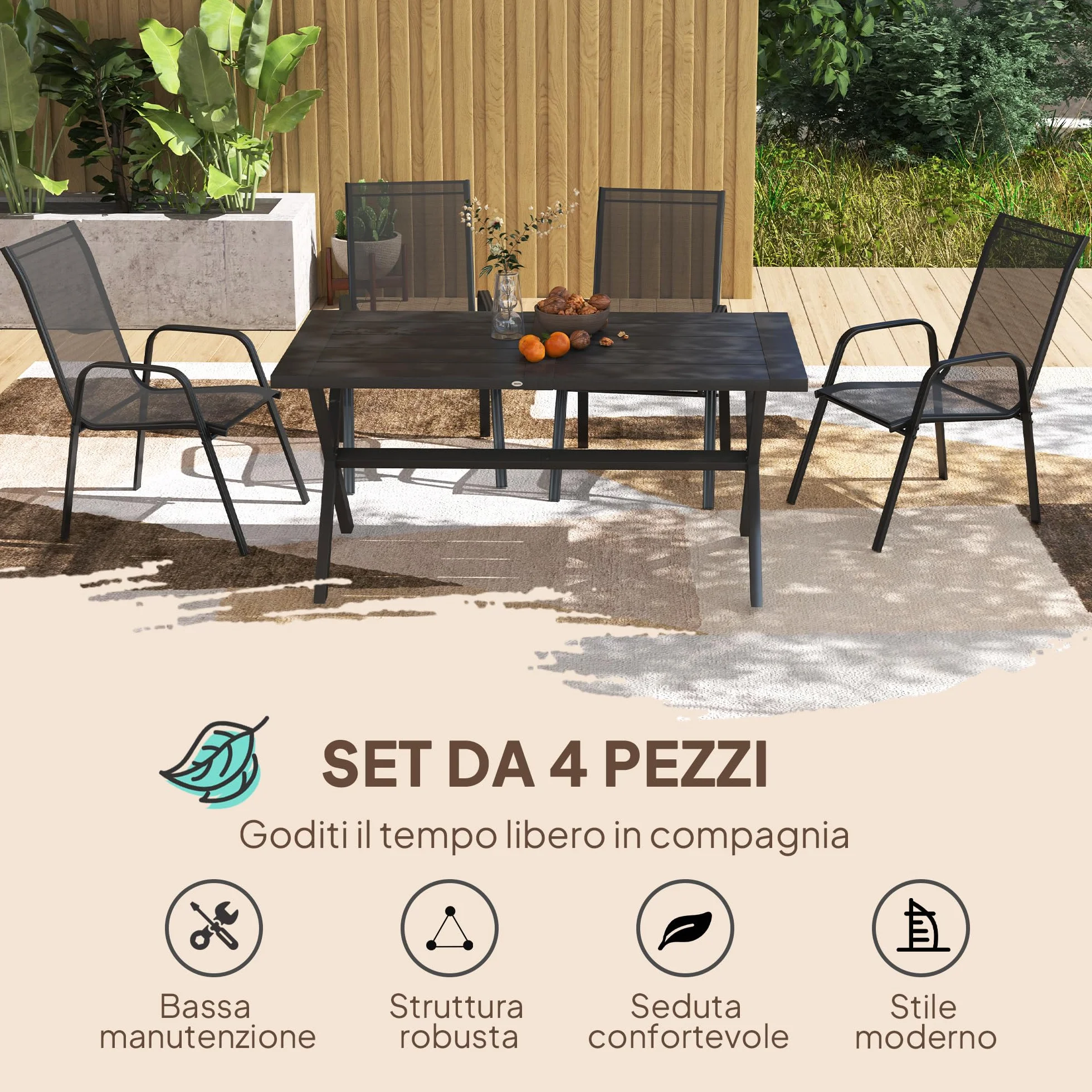 Outsunny Set 4 Sedie da Giardino Impilabili con Braccioli in Metallo e Texteline Impermeabile, 54x75.5x95cm, Nero