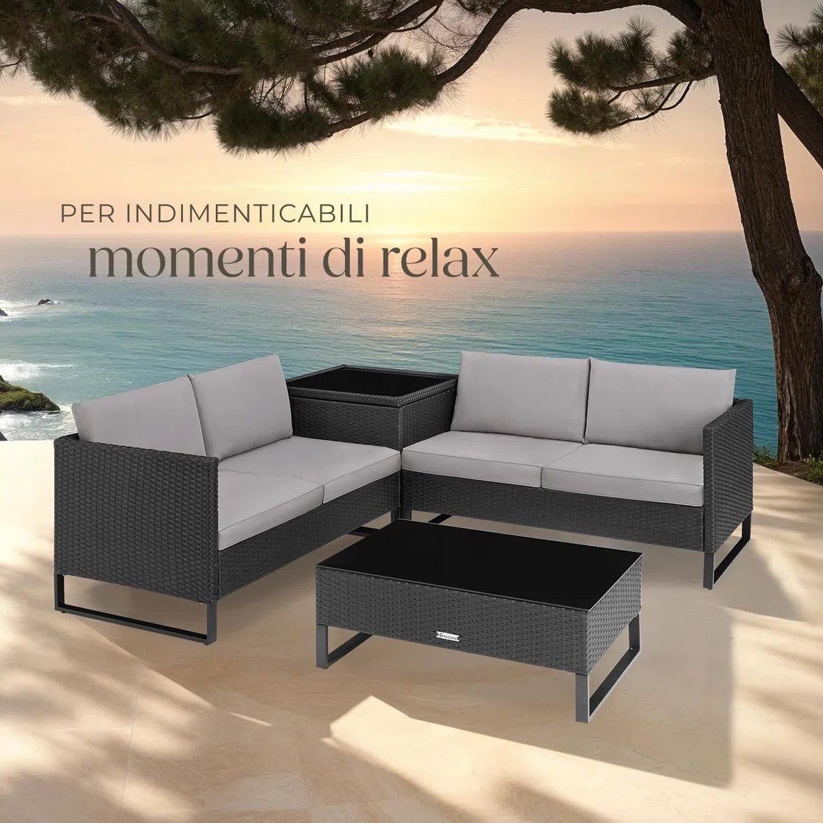 tectake® Salottino in Rattan Ostuni, Set da Giardino con 2 Sofà e 1 Tavolo con Lastra in Vetro, Box Contenitore, Cuscini Spessi, Telaio in Acciaio, Intreccio in Polyrattan - Nero