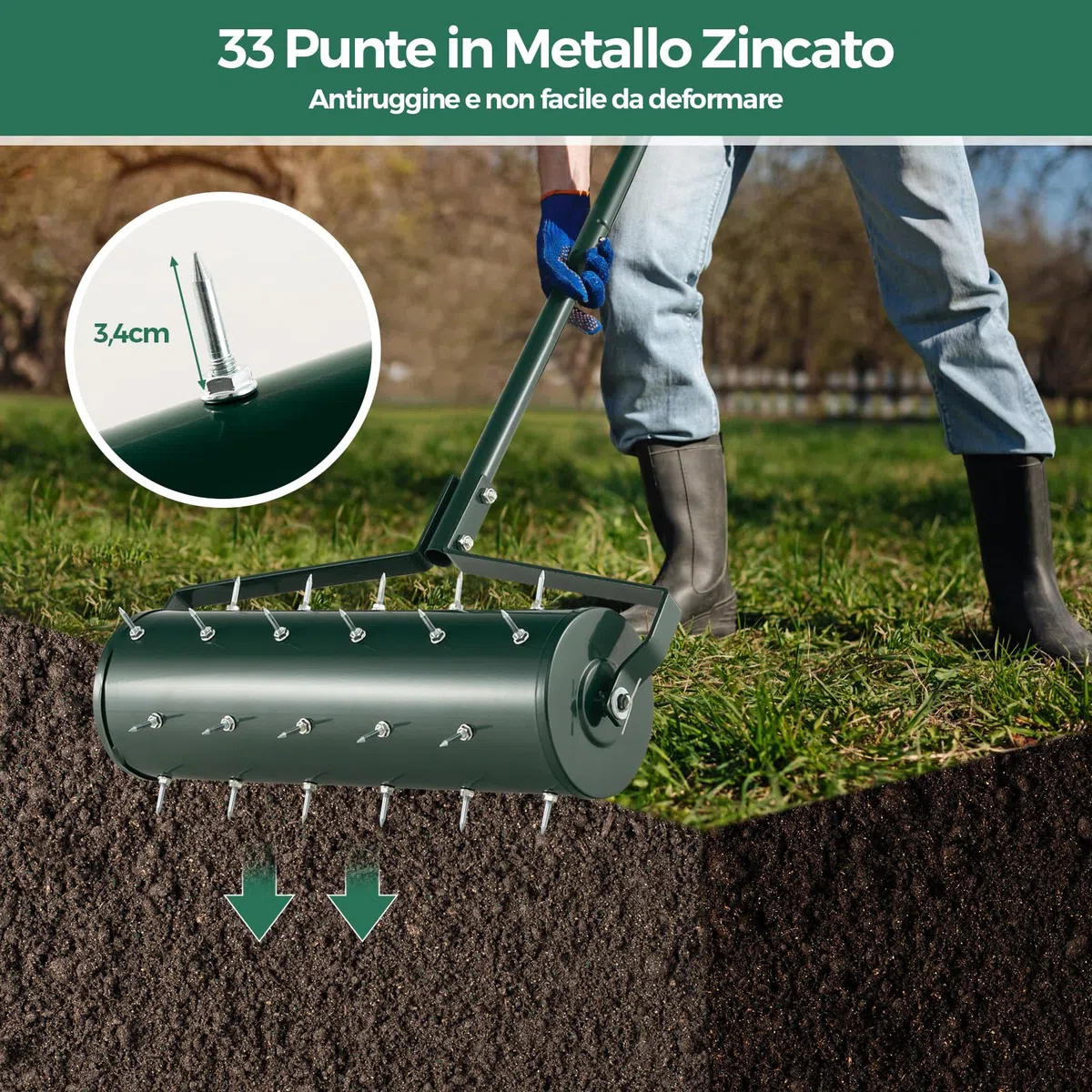 RELAX4LIFE Aeratore Prato Rullo 52 cm 33 Punte Antiruggine 3,4 cm Manico Lungo