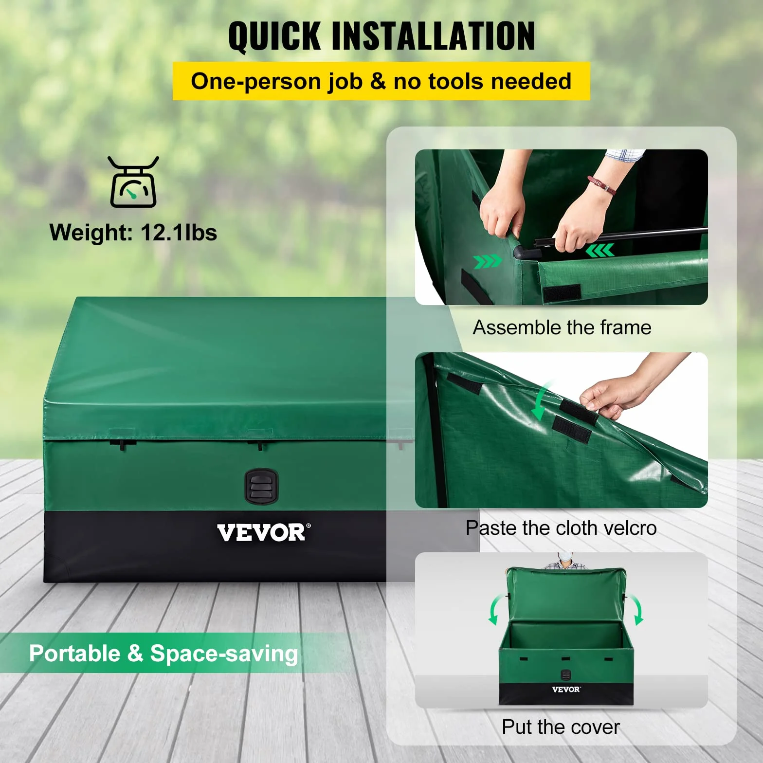 VEVOR Scatola per Stoccaggio da Esterno in PE Impermeabile con Coperchio Manici Laterali Volume da 440L, Contenitore Porta Attrezzi da Giardino con Coperchio Inclinata Capienza 440L, Baule da Giardino