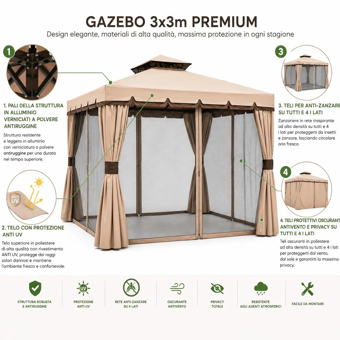 Bakaji Gazebo da Giardino in Alluminio 3x3 MT Antipioggia Anti-UV 400 gr/mq con Zanzariere