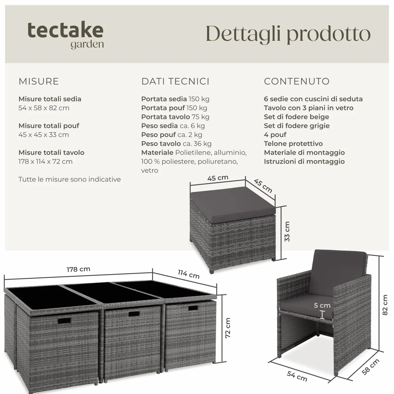 Set di Mobili da Giardino Poli Rattan Alluminio 6 Sedie 1 Tavolo 4 Sgabelli Grigio