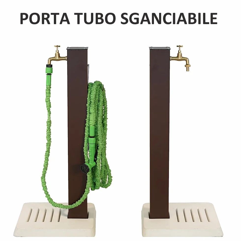 Fontana da Giardino Antracite con Base in Cemento, Fontana da Esterno in Acciaio Verniciato, Rubinetto in Ottone con Tubo Flessibile e Raccordo e portatubo, Fontanella per Esterni Made in Italy