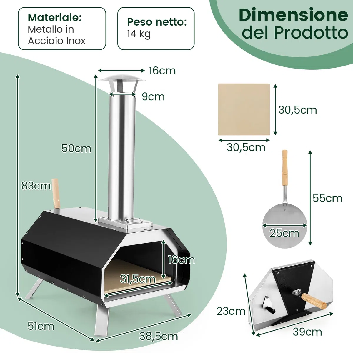 COSTWAY Forno per Pizza da Esterno a Legna con Pala, Pietra e Gambe Pieghevoli, Modello 8