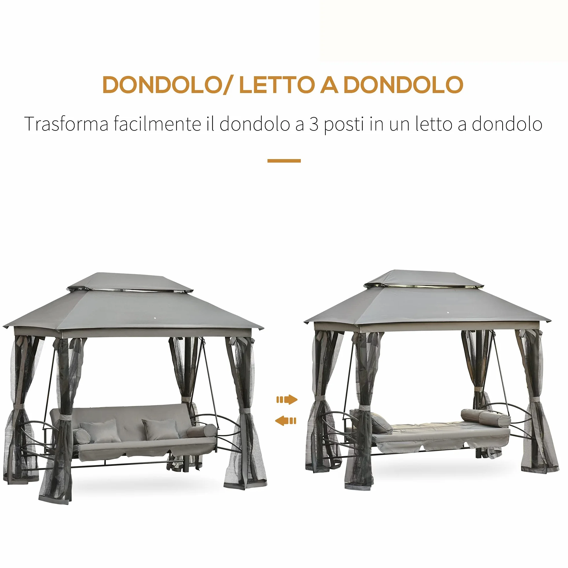 Outsunny Dondolo 3 Posti e Lettino Singolo Copertura a Gazebo con Zanzariera e Cuscini 256x172x248cm Grigio Scuro