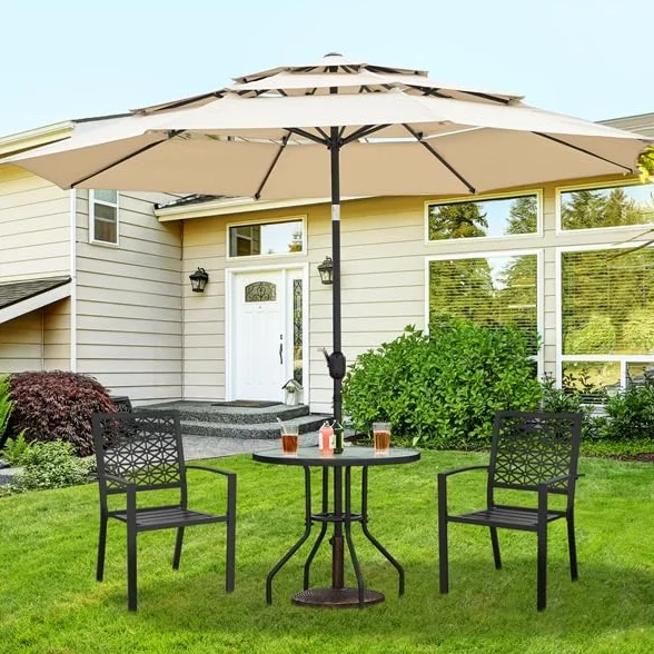 Yaheetech Tavolo da Giardino Rotondo in Vetro Diametro 70 cm con Foro Ombrellone Altezza 73 cm Nero