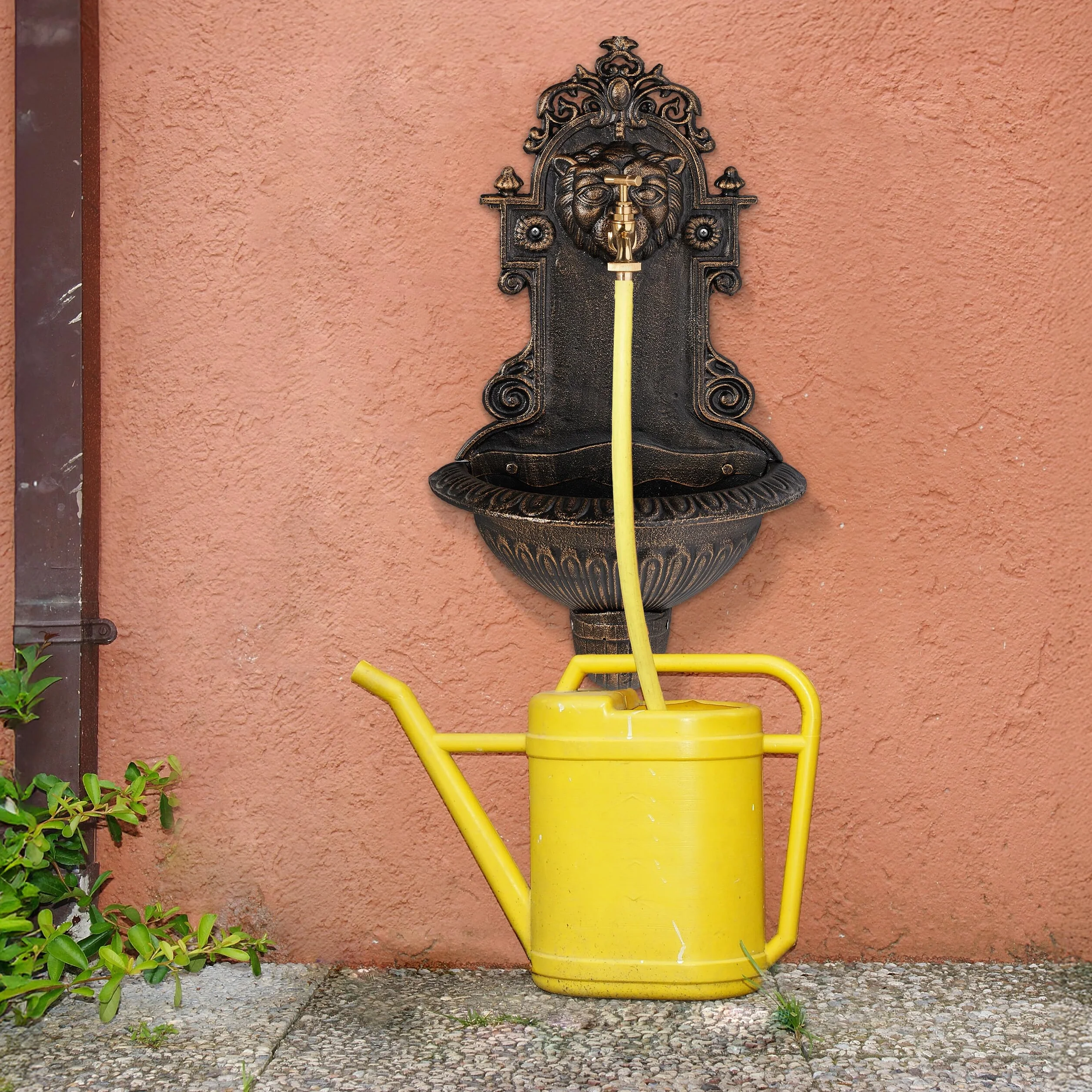 Relaxdays Fontana a Muro da Esterno, Fontanella Giardino, Vaschetta Rubinetto, Ghisa e Ottone, HLP: 61x35x18 cm, Bronzo