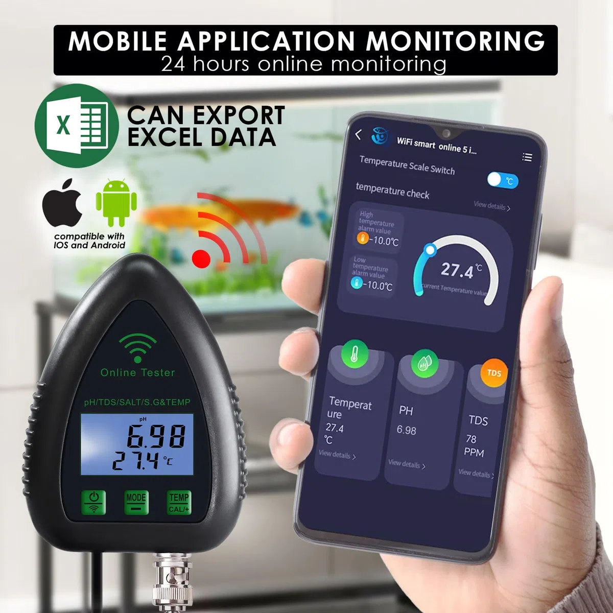 Monitor Di pH Online App Con Wifi, Tester Qualità Dell'Acqua TDS/Sale/S.G/Temperatura/Misuratore Di pH, Per Acquario Idroponica Piscina