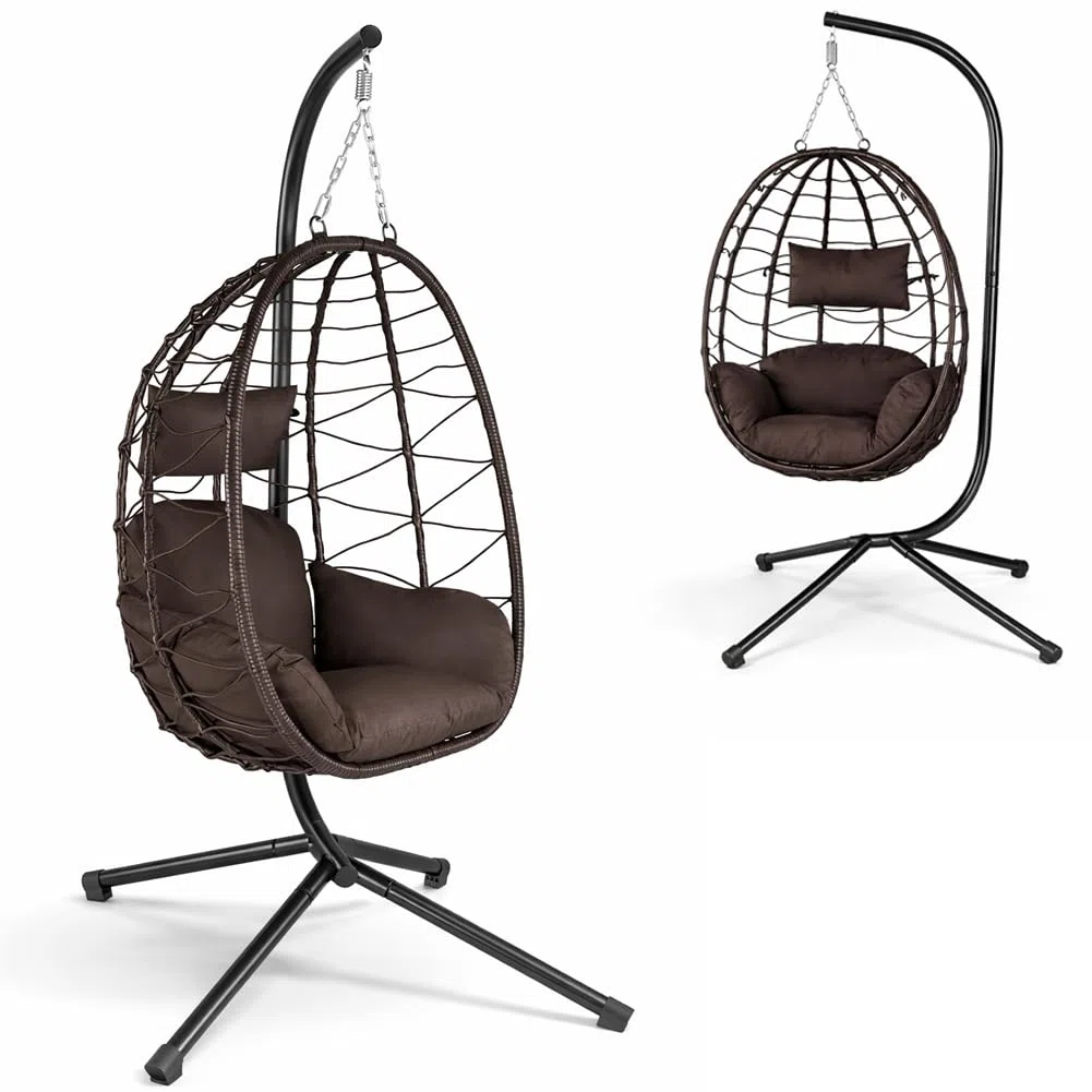 BAKAJI Poltrona Sospesa da Giardino Sedia Dondolo Amaca Pensile Esterno Struttura Metallo Rattan 198 x 110 x 95 cm Marrone