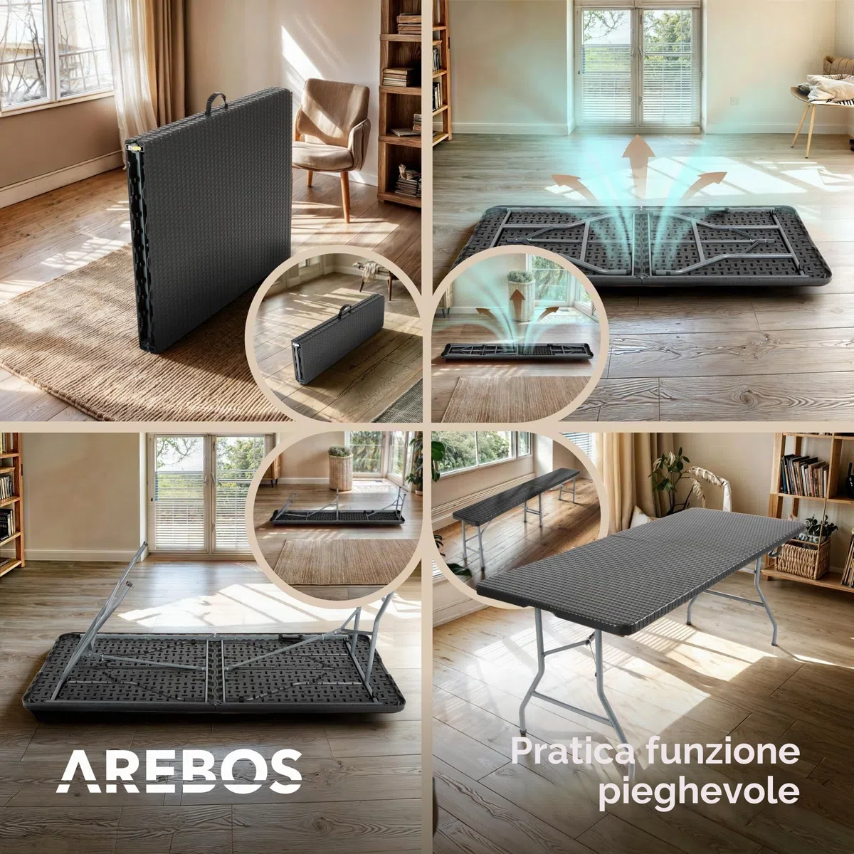 AREBOS Set tavolo pieghevole da campeggio con 2 panche | Set tavolo da giardino effetto rattan per 8 persone | Resistente UV e intemperie | Struttura in acciaio stabile | Facile da trasportare