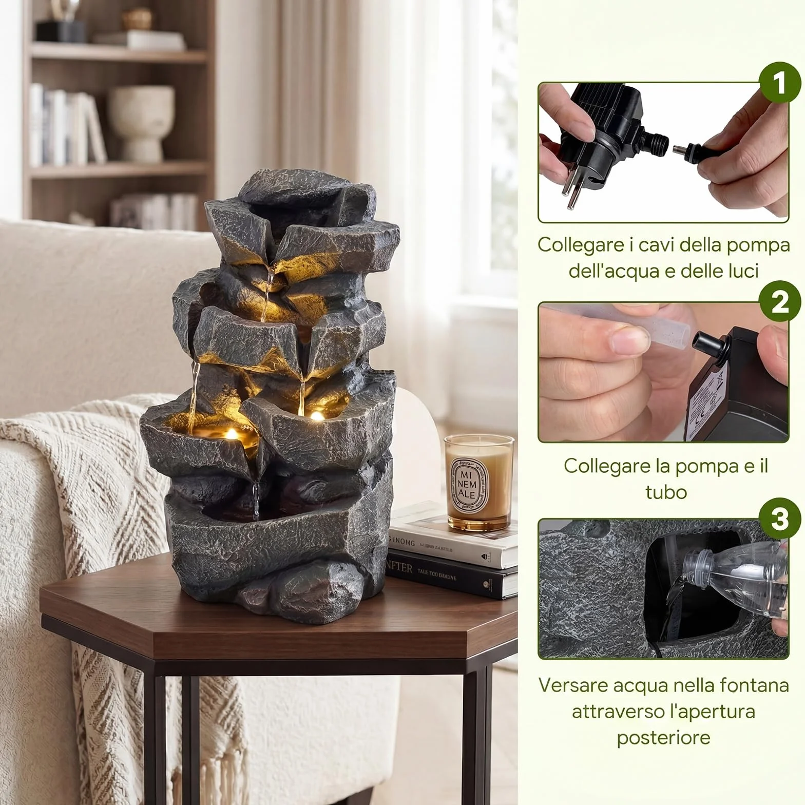 COSTWAY Fontana da Giardino a 5 Livelli, Fontana Cascata da Esterno con Luci e Flusso d'Acqua Regolabile, Fontanella Elettrica a Forma di Roccia con Effetto di Pietra da Terrazza e Balcone