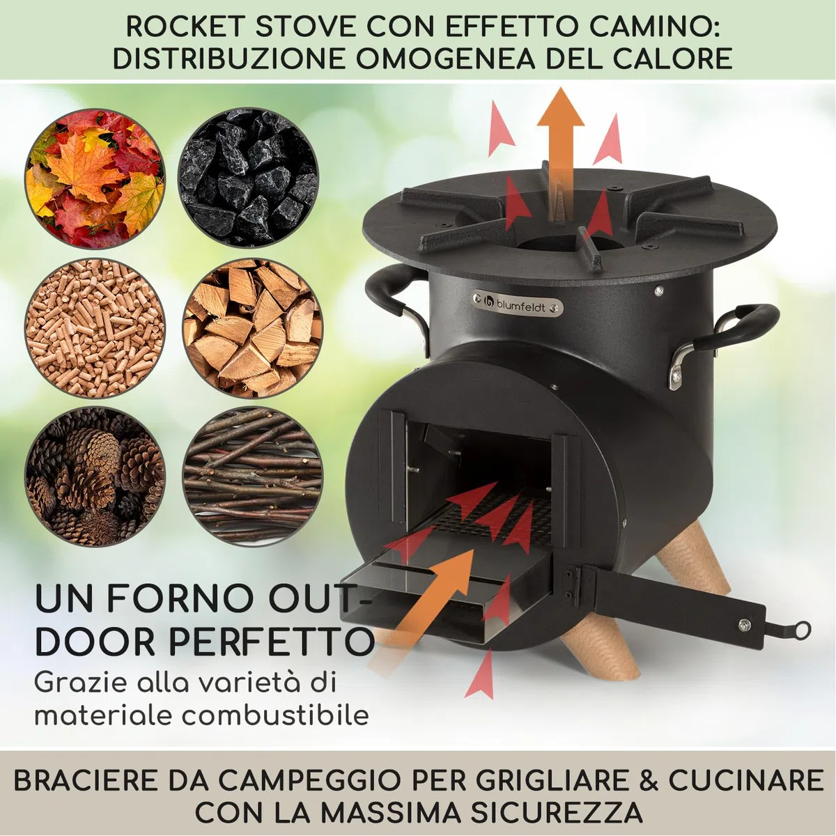 blumfeldt Braciere da Giardino Esterno, Braciere da Esterno Portatile, Braciere da Giardino con Griglia, Posacenere e Attizzatoio, Bracere Esterno Legna, Griglia Barbecue da Campeggio con Base Legno