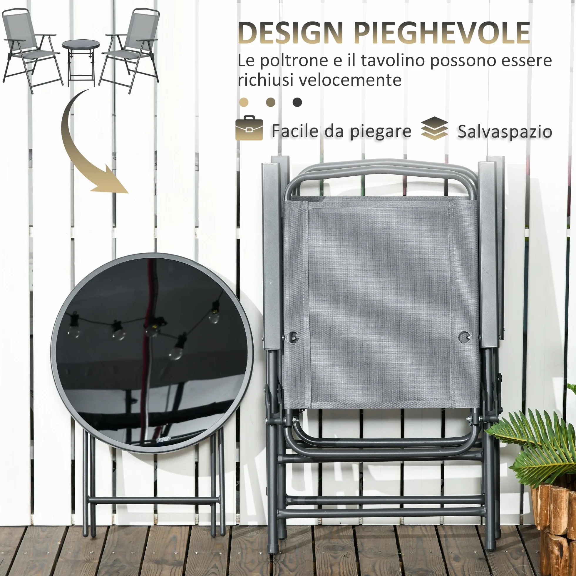 Outsunny Set da Giardino 3 Pezzi con Sedie e Tavolino Pieghevoli in Metallo e Vetro Grigio Chiaro per Patio