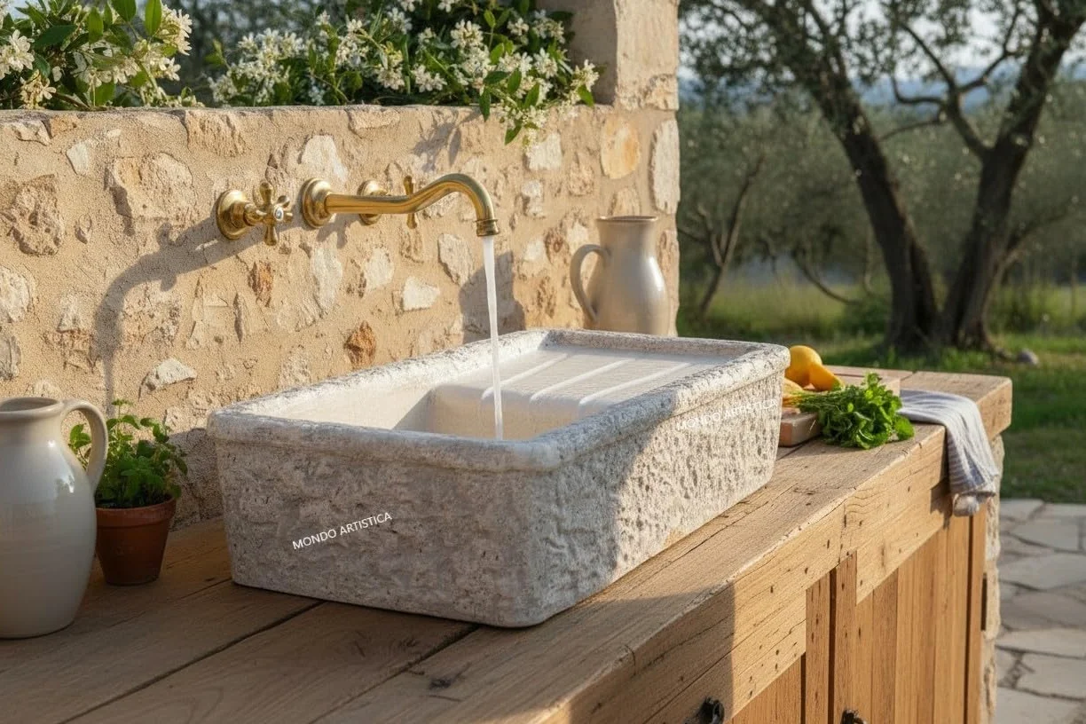 Lavandino Da Esterno, Lavabo Per Giardino, Pilozzo Con Vasca E Gocciolatoio, Fontana Altezza 22 cm, Larghezza 80x40 Cm, In Cemento Bianco E Polvere Di Marmo, Colore Sfumato Grigio, Mondo artistica