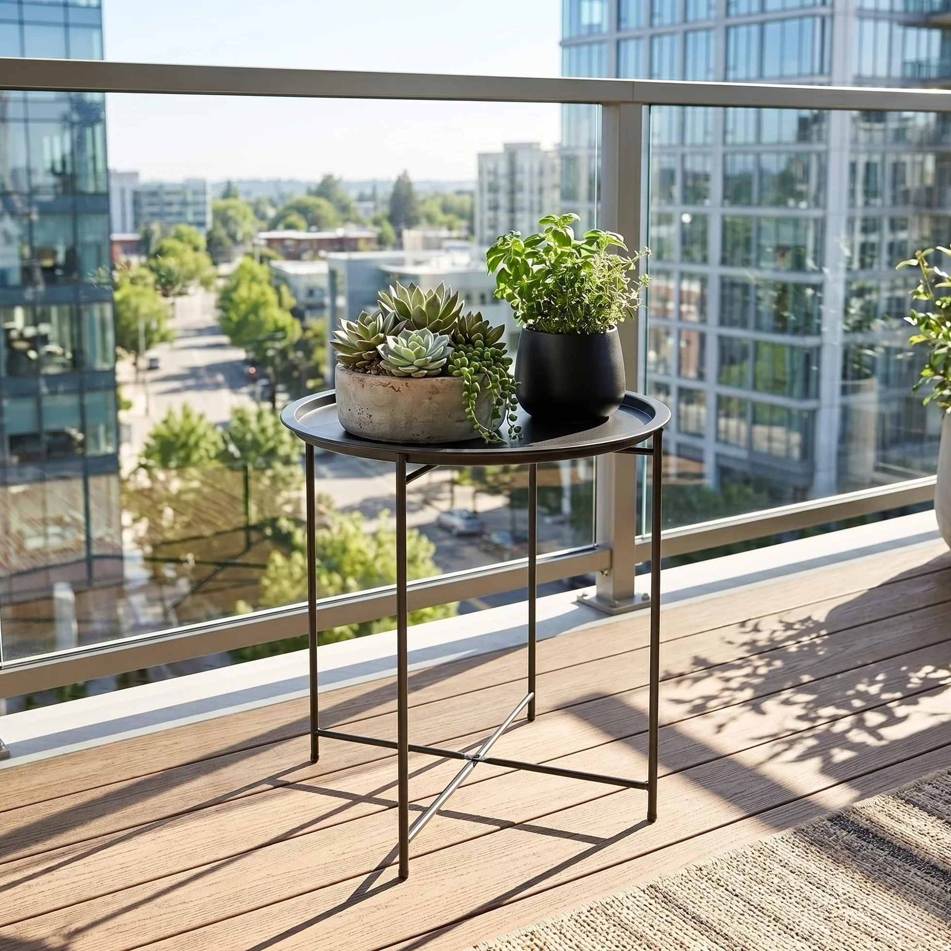 Outsunny Tavolo da Giardino Rotondo in Acciaio Ø46 cm con Vassoio Rimovibile e Gambe Pieghevoli Nero