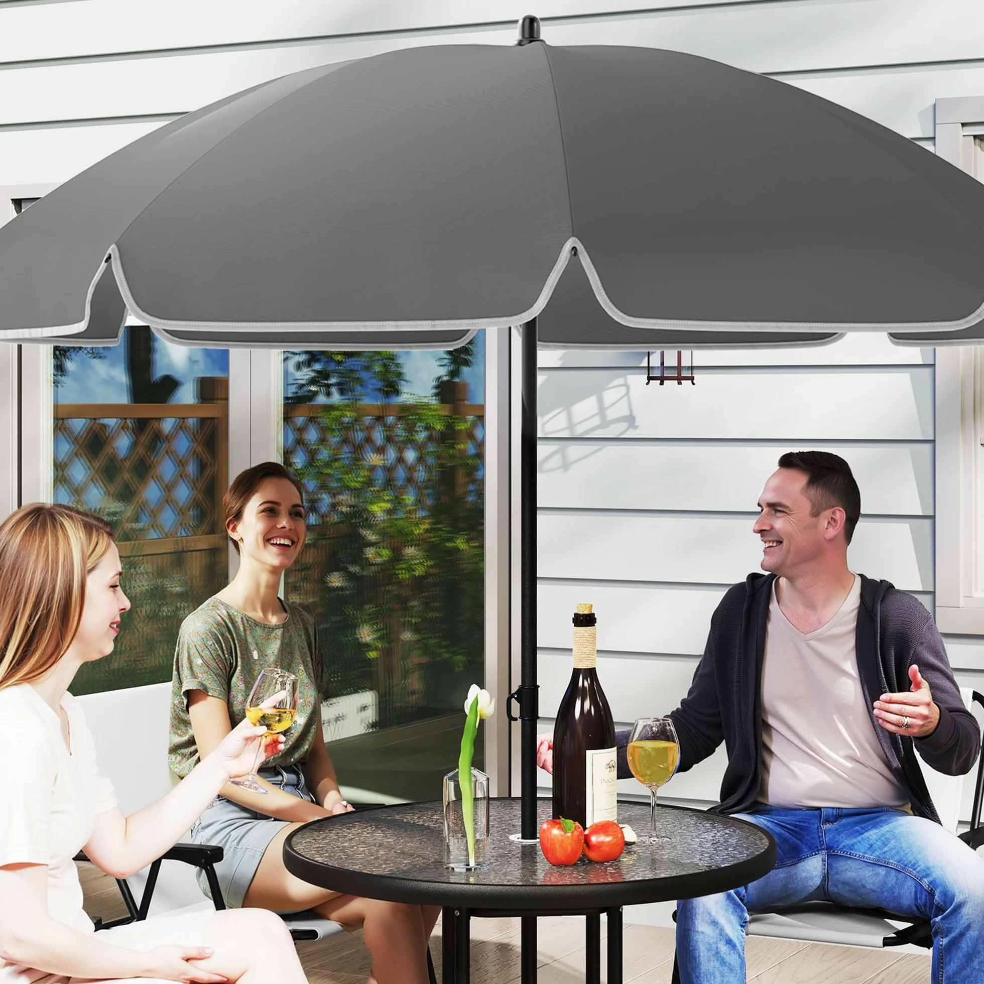 Outsunny Set Tavolo e Sedie da Giardino 6 Pezzi Acciaio Ombrellone, Mobili 4 Sedie Pieghevoli Textilene Tavolo Rotondo Vetro, Esterno Patio Terrazzo Crema