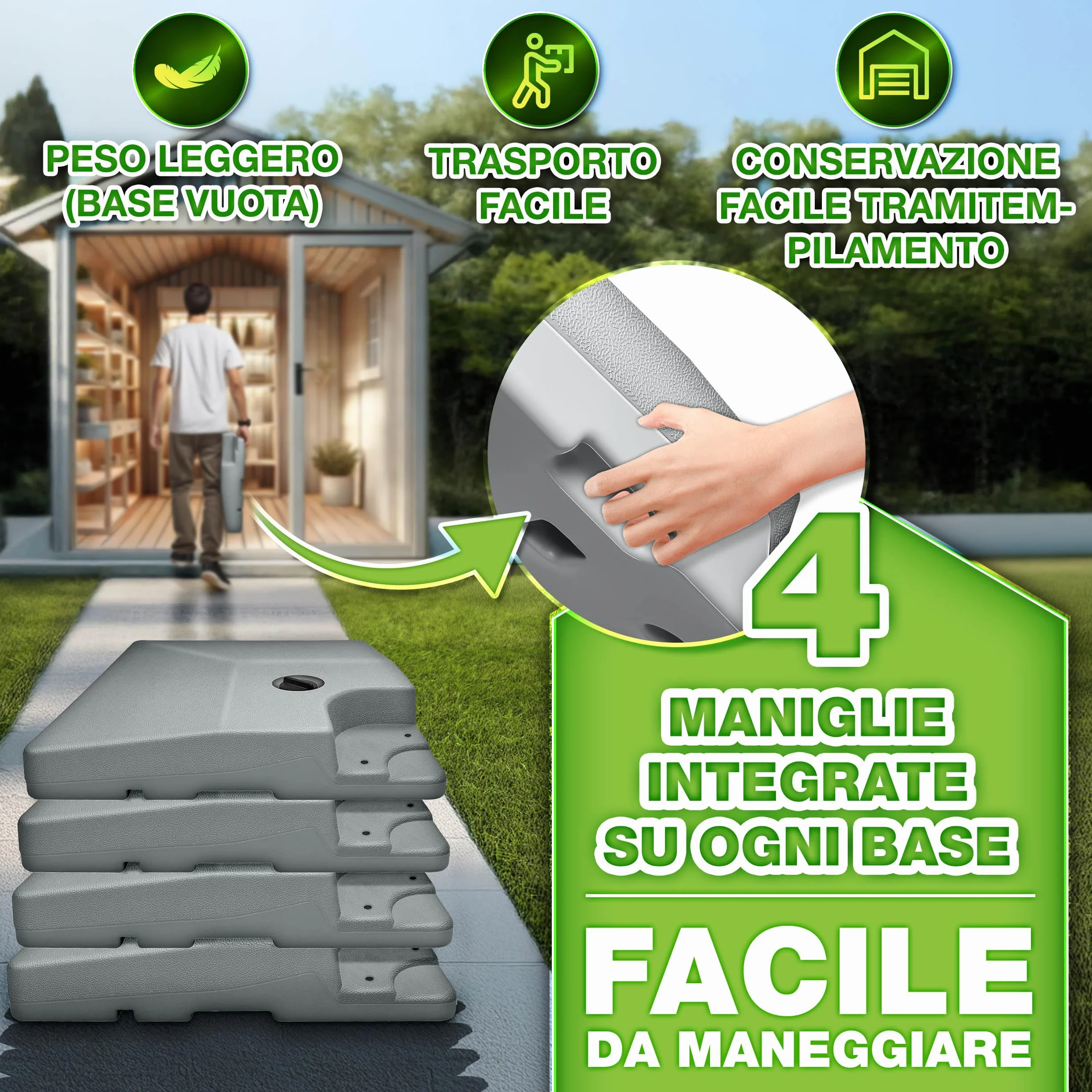 tillvex® Base per Ombrellone 90 Litri / 120 kg – 4 Pezzi per Ombrellone Decentrato con Connettore Metallico | Porta Ombrelloni Riempibile con Acqua o Sabbia | Supporto Ombrellone (Grigio)