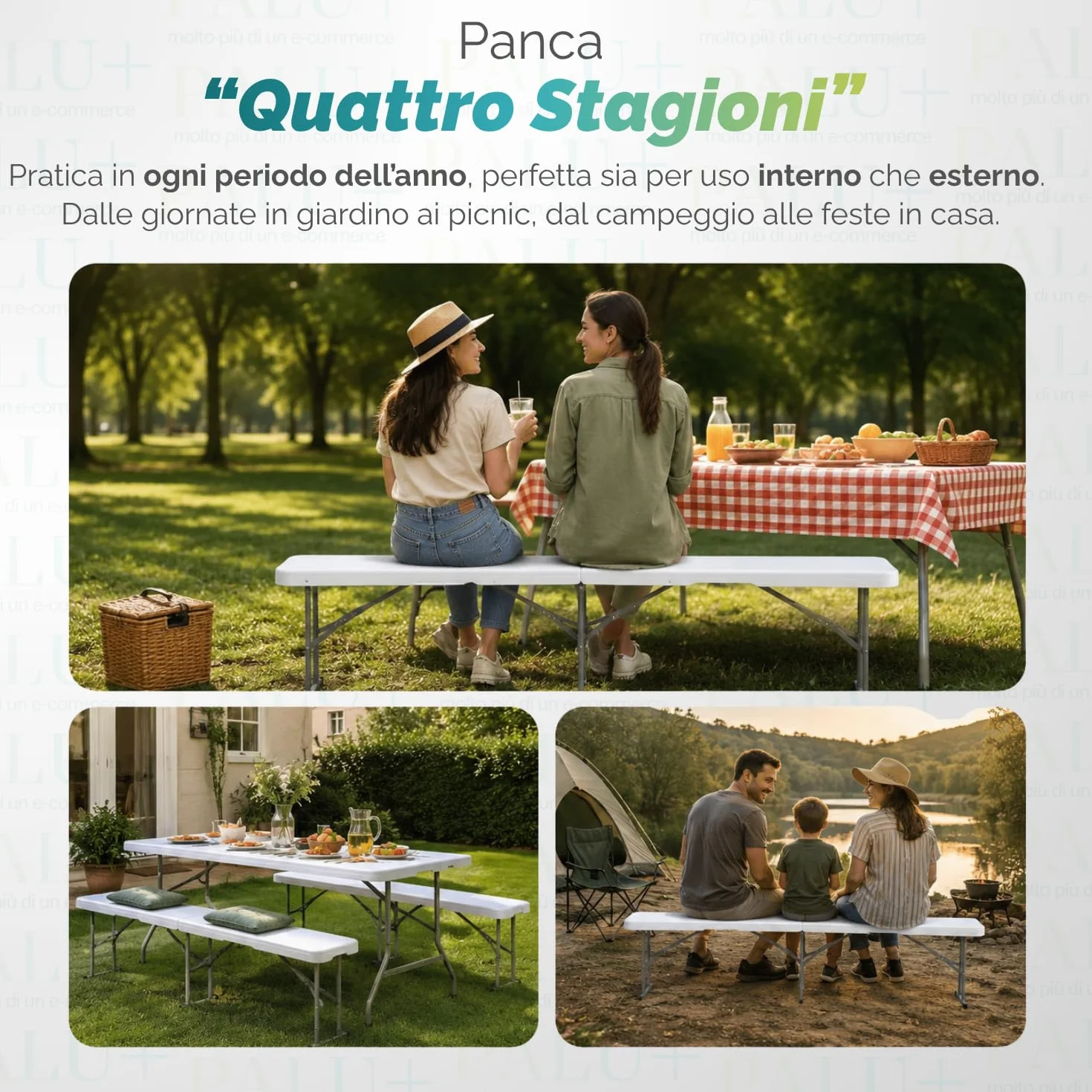 PALUPLUS 2 Panche Pieghevoli da esterno di colore Bianco, Misura 180x29x43 cm, Panchina a Valigetta in Resina e Metallo con maniglia, per giardino, fiera, pic nic, campeggio, Portata 300Kg -8745F -18