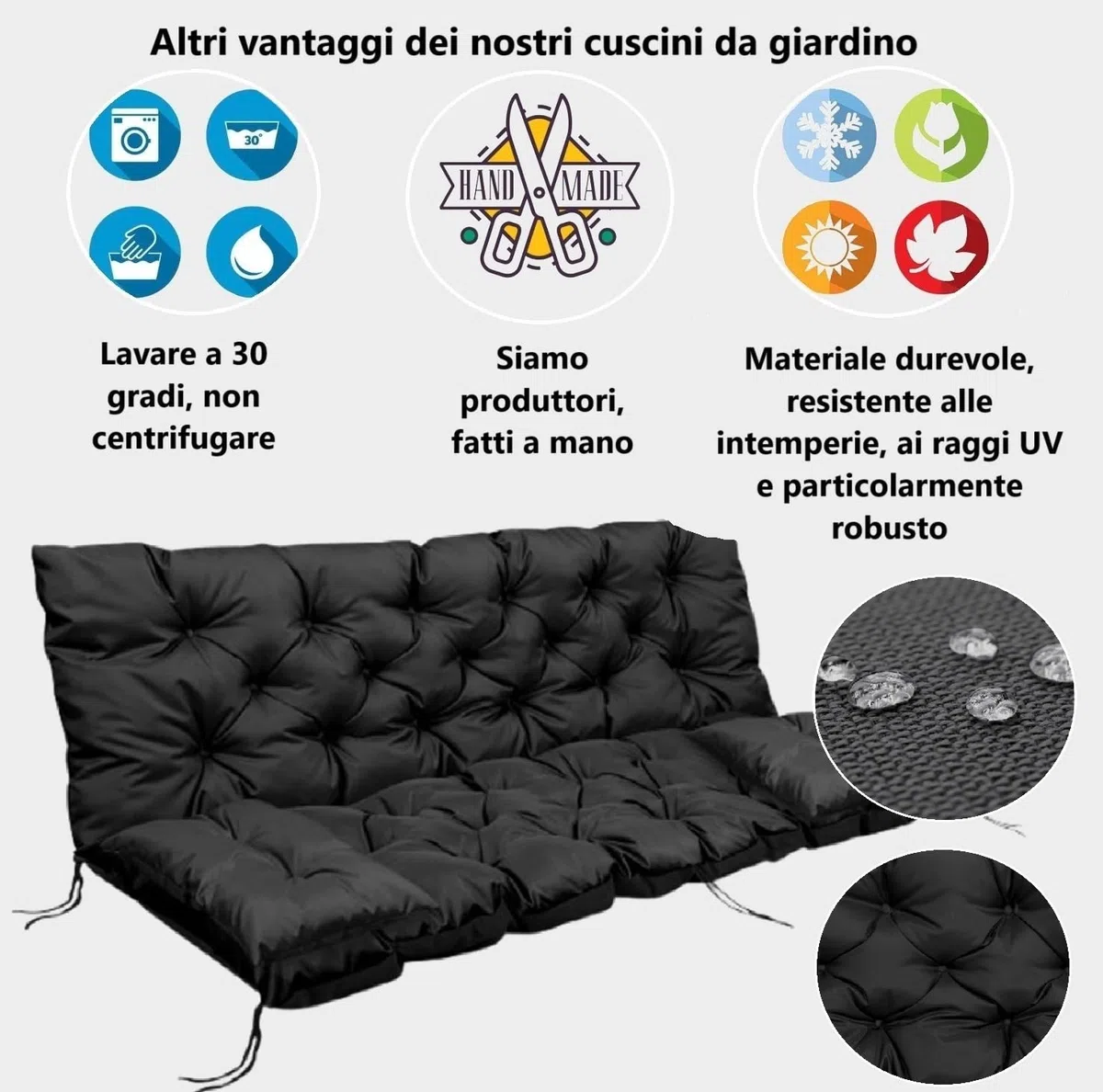 Cuscino 120x60x50 cm trapuntato impermeabile per panca o altalena + 2 piccoli cuscini