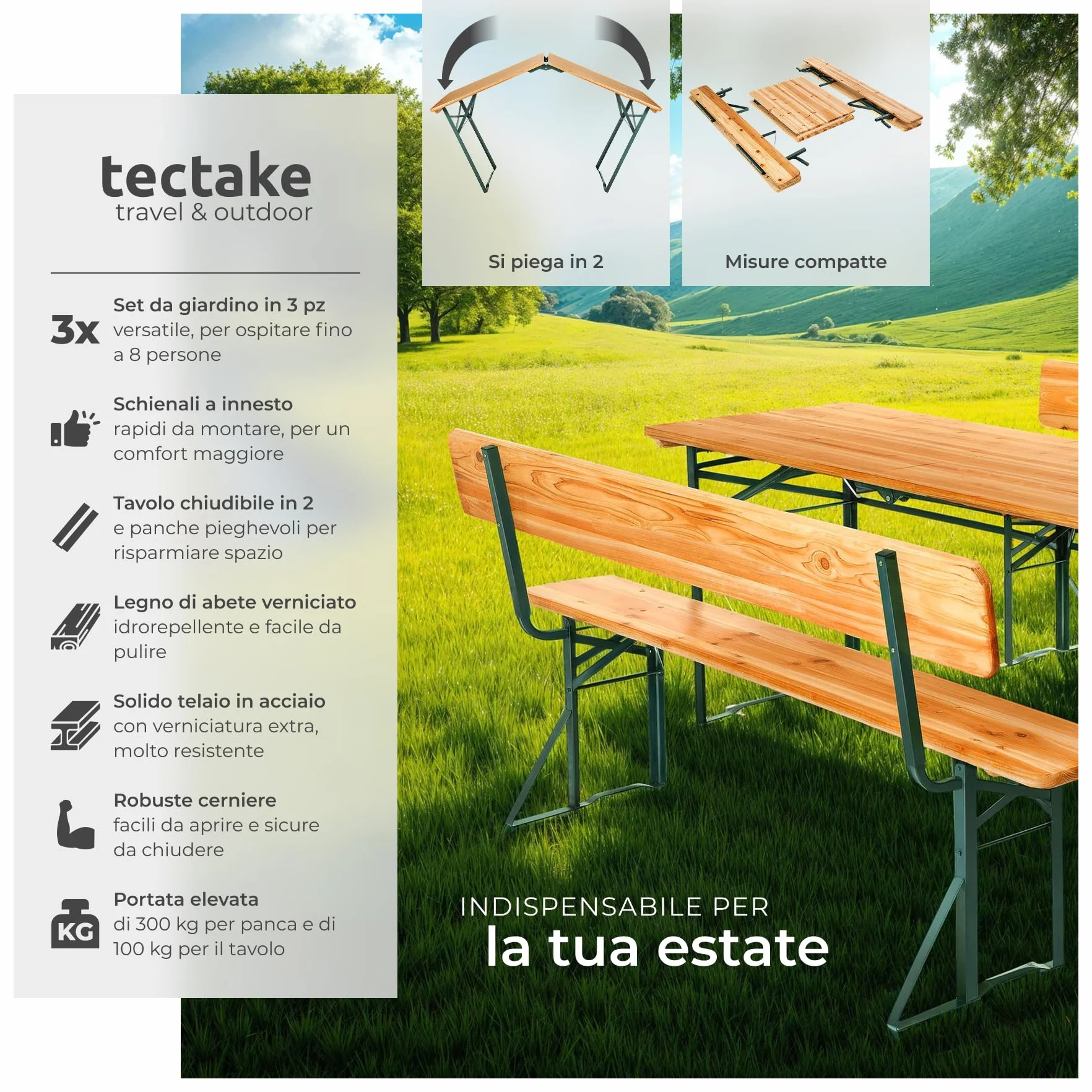 Tectake Set 3 Pezzi da Birreria, Tavolo e Panche da Esterno con Schienale, Acciaio, Tavolo 170x69x76 cm