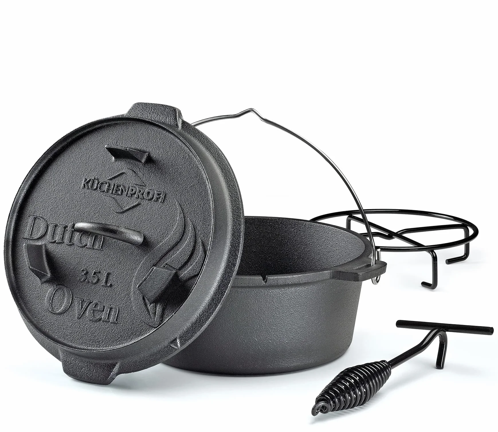 Küchenprofi BBQ - Forno olandese in ghisa, 3,5 l, Ø 24 cm, senza piedini, con coperchio sollevatore per griglia, braciere, tutti i tipi di piano cottura (induzione inclusa) e forno