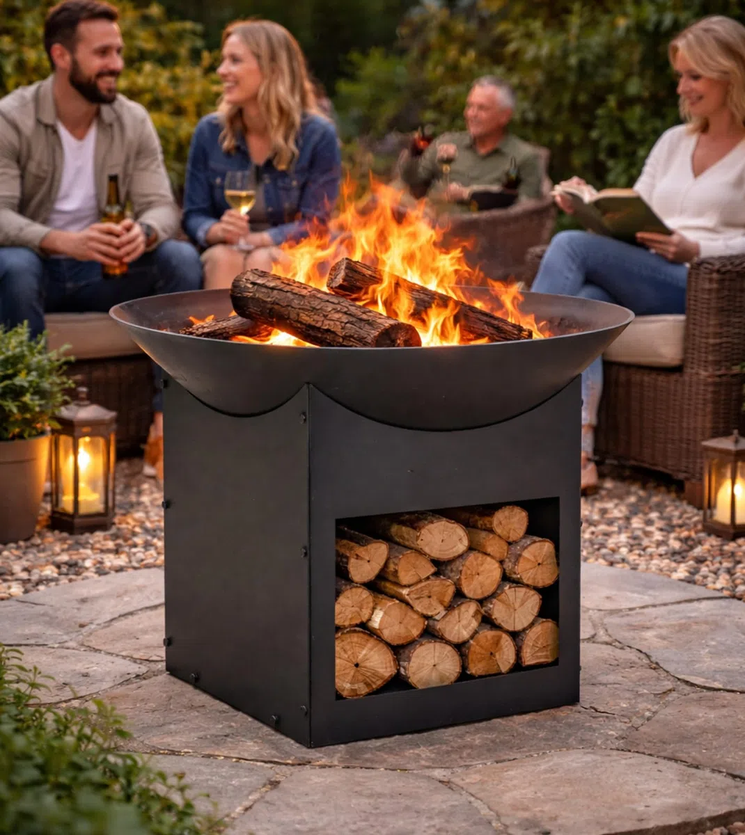 Braciere da Esterno Giardino con Porta Legna Terrazzo Cestino in Ferro per Legna Ciotola per Fuoco Braciere Rotondo Diametro 57 cm Altezza 41 cm Colore Nero Mod. Brisbanne