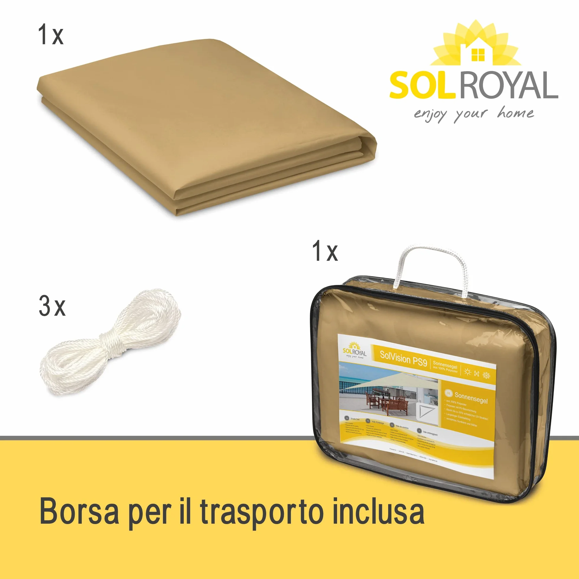 Sol Royal Tenda a Vela Impermeabile 7x5x5 m SolVision PS9 – Tenda da Giardino Sole per Esterno – Telo Ombreggiante Parasole Protezione Anti Raggi UV Sabbia – Triangolare 700x500x500 cm