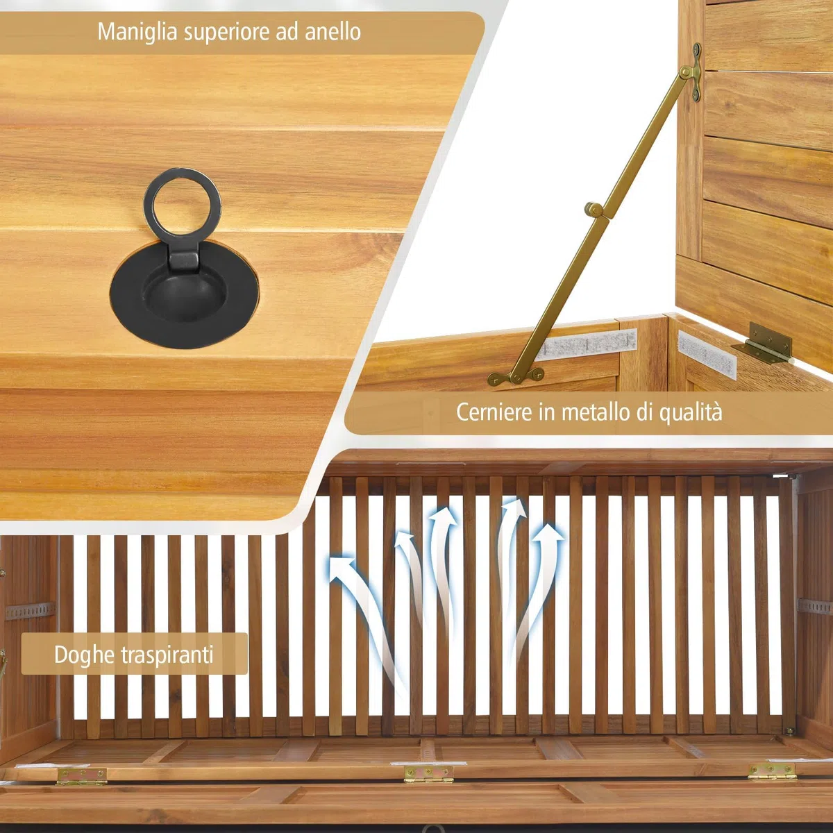 RELAX4LIFE Panca Baule182 L in Legno di Acacia con Ruote e Maniglie, Contenitore Portatutto da Interno Esterno, Cassapanca Contenitore da Interno,127x20x45cm