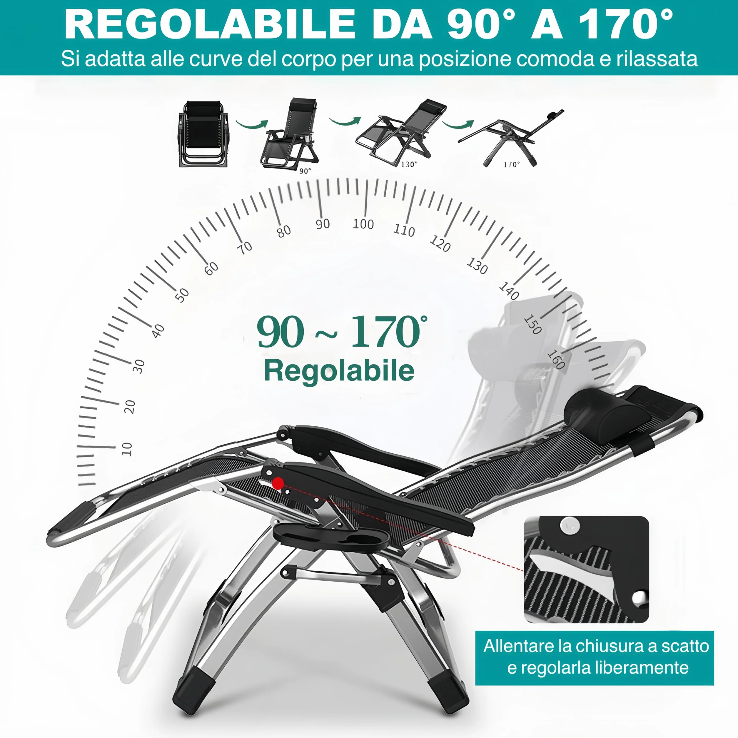 Sedia Sdraio Pieghevole Esterno 65cm con Portabicchieri e Copertina, Traspirante Leggero, Alluminio Tubo 40mm Portata 240KG, Sdraio Imbottita Giardino Reclinabile per Terrazzo, Piscina, Mare, Balcone