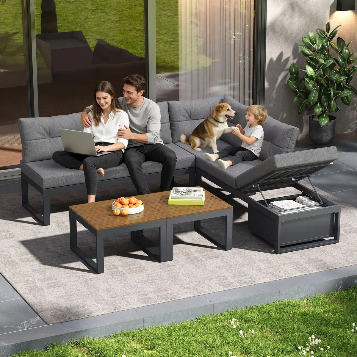 Set di mobili da giardino,Divano da giardino da esterno con schienale regolabile su 3 livelli,Divano con spazio di archiviazione e funzione di inclinazione,Adatto per terrazzi e giardini,Grigio